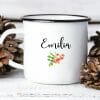 Auf dem Bild ist das Produkt: Campingbecher Emaille Herbst Rehkitz und Igel mit Blätterkranz Becher mit Namen zum Preis von €18.9 abgebildet.