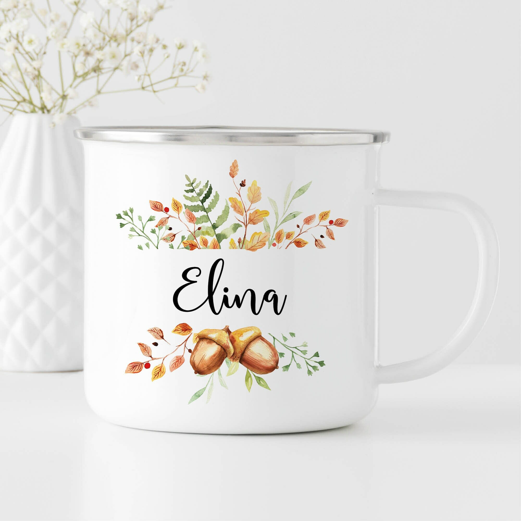 Emaille Becher Herbstblätter und Eicheln Herbst Geschenk personalisiert mit Wunschname