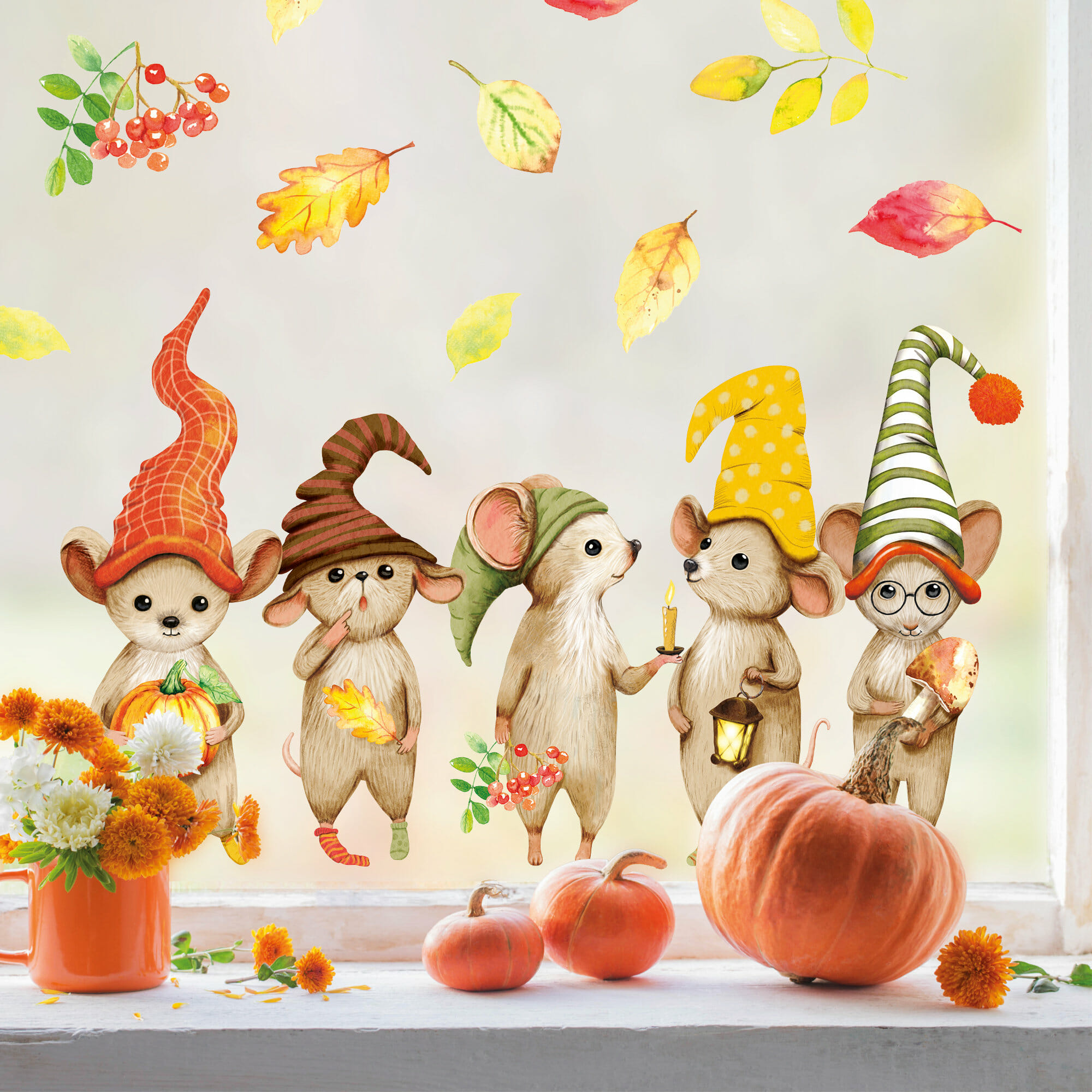 Fensteraufkleber Herbst Mäuse mit Blättern und Kürbis, herbstlicher Fensteraufkleber Fensterdeko