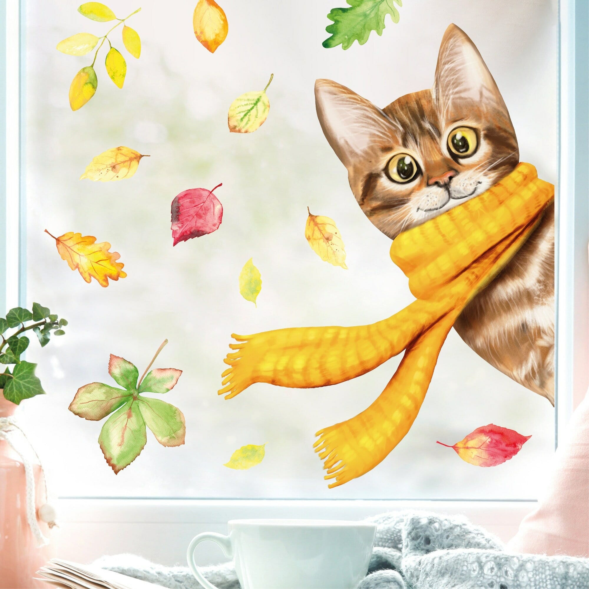 Fensterbild reinschauende Katze mit gelbem Schal bunte Blätter Herbst herbstlicher Fensteraufkleber Fensterdeko