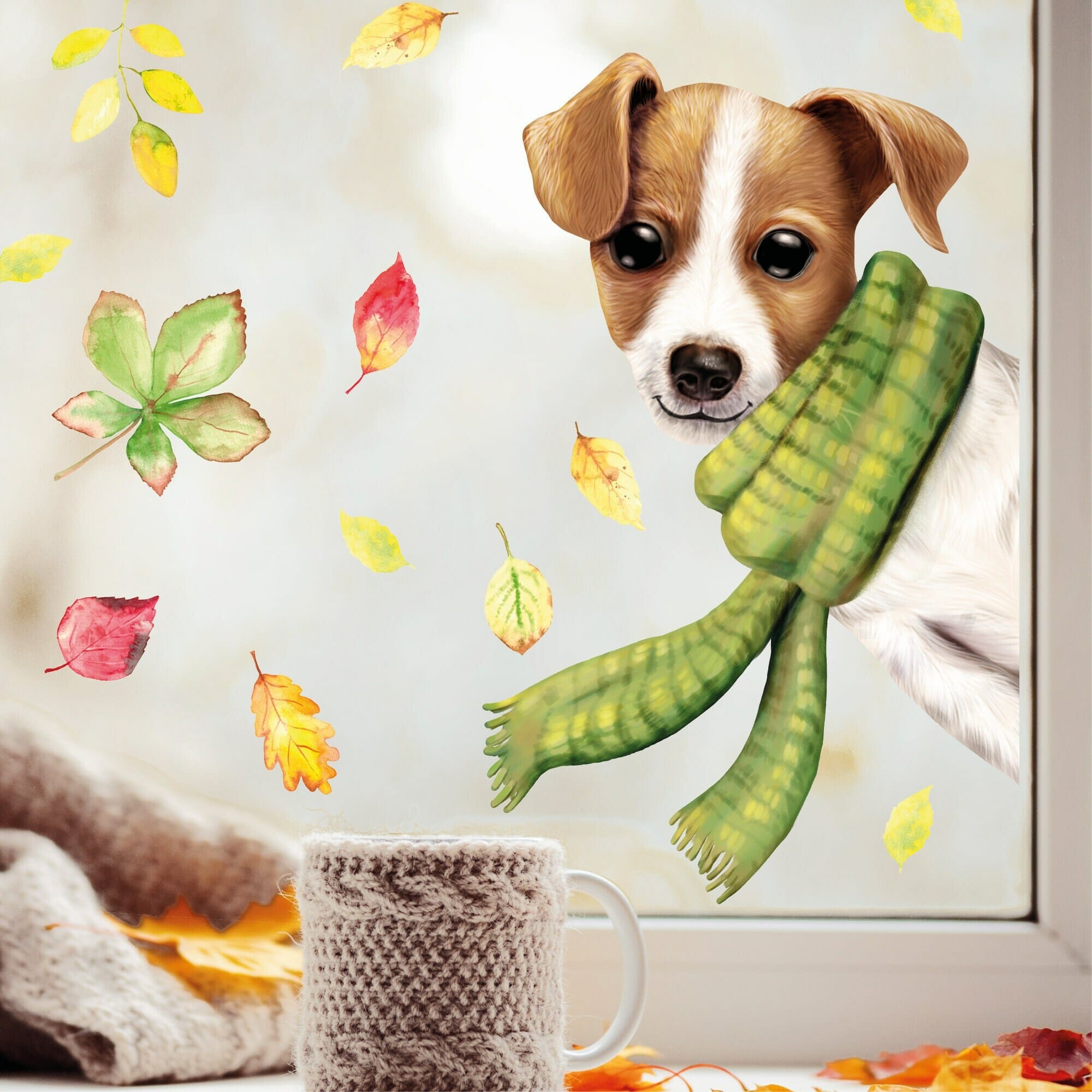 Fensterbild reinschauender Jack Russel Terrier mit grünem Schal bunte Blätter Herbst herbstlicher Fensteraufkleber Fensterdeko Weihnachten