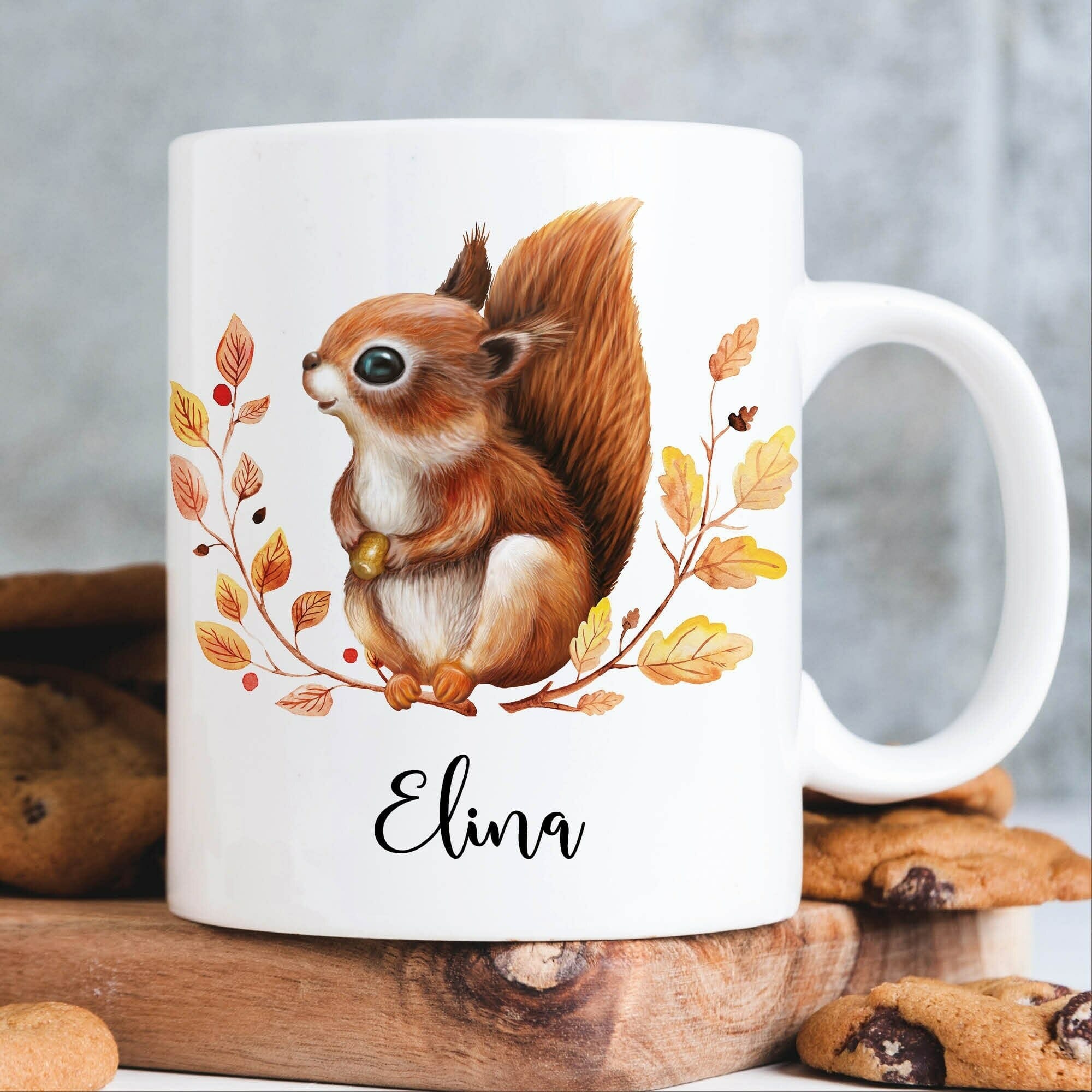 Keramik Tasse Eichhörnchen und Herbstblätter personalisiert Wunschname