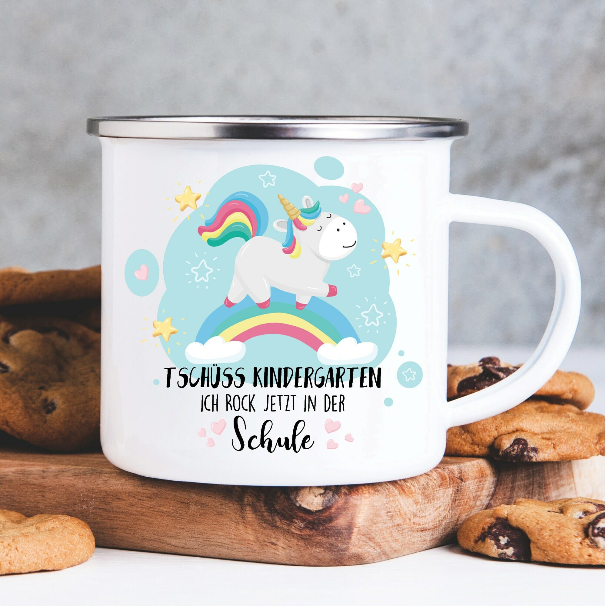 Kindertasse Emaille Becher Einhorn Regenbogen Einschulung Geschenk Schulanfang Schule