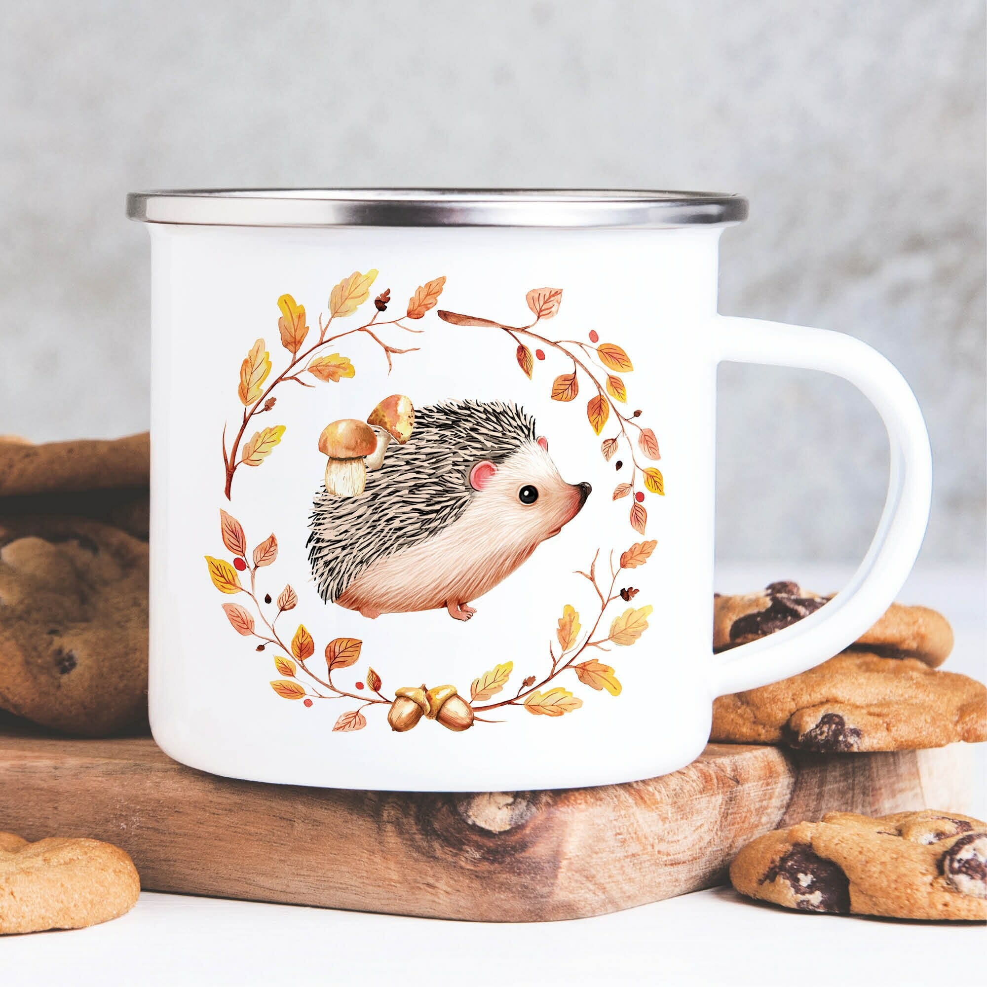 Kindertasse Emaille Becher Igel und Blätter Herbst mit Namen