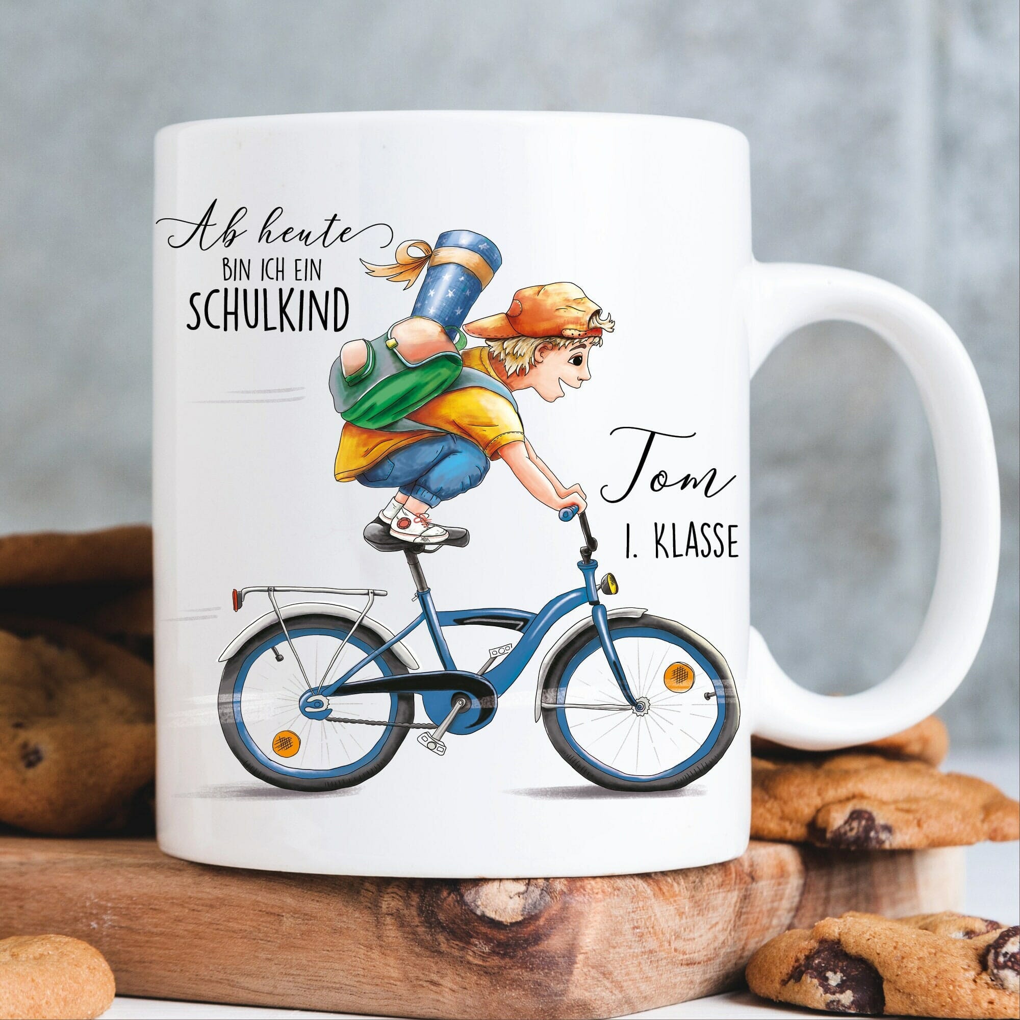 Kindertasse Tasse Junge auf dem Fahrrad Ab heute bin ich ein Schulkind, Geschenk Einschulung Schulanfang