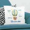 Auf dem Bild ist das Produkt: Kissen Geburt Heißluftballon Luftballons Waldtiere Bär Fuchs Geschenk personalisiert Geburtskissen zum Preis von €16.90 abgebildet.