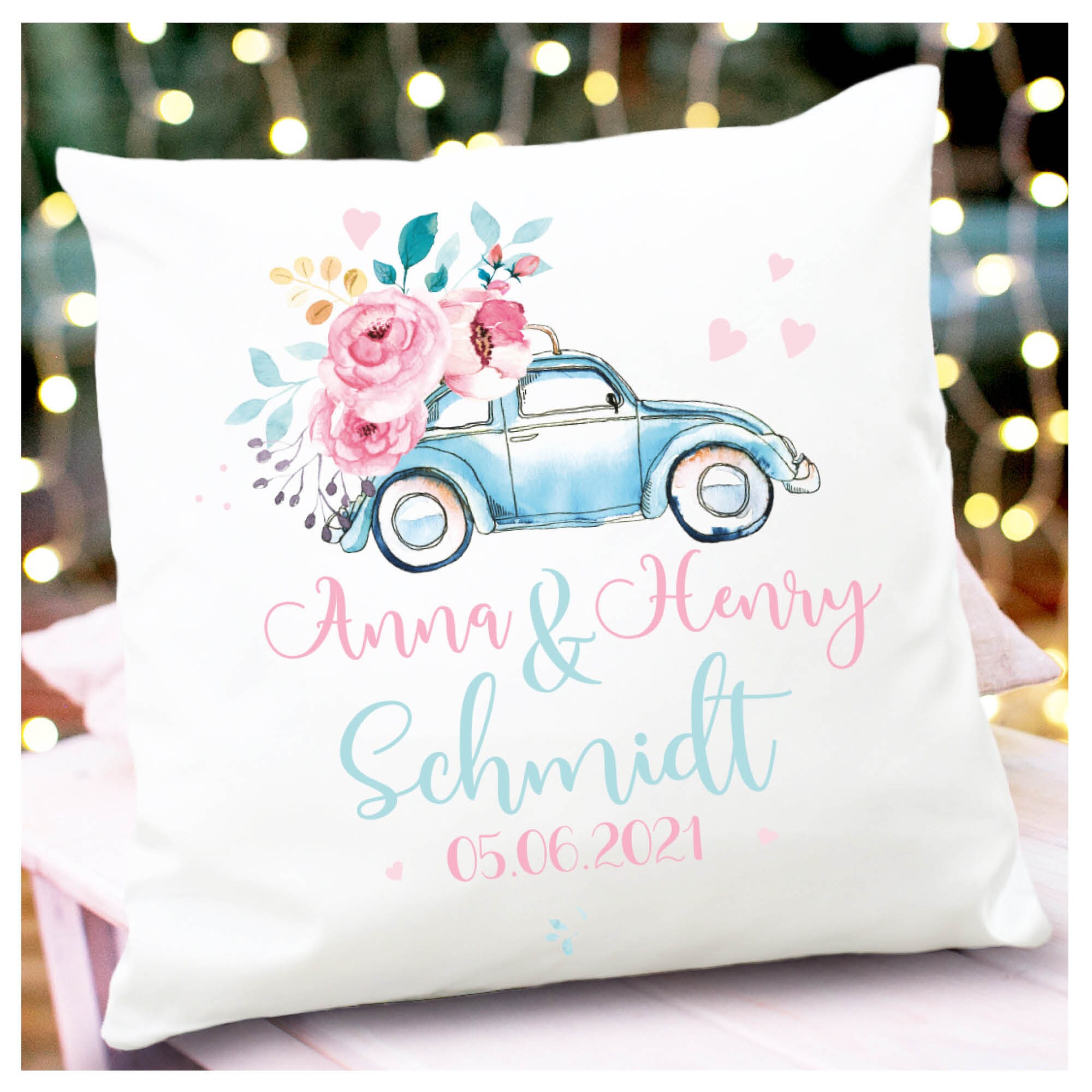 Kissen Hochzeit Auto Käfer Blumen Geschenk personalisiert mit Name und  Datum, Hochzeitsgeschenk