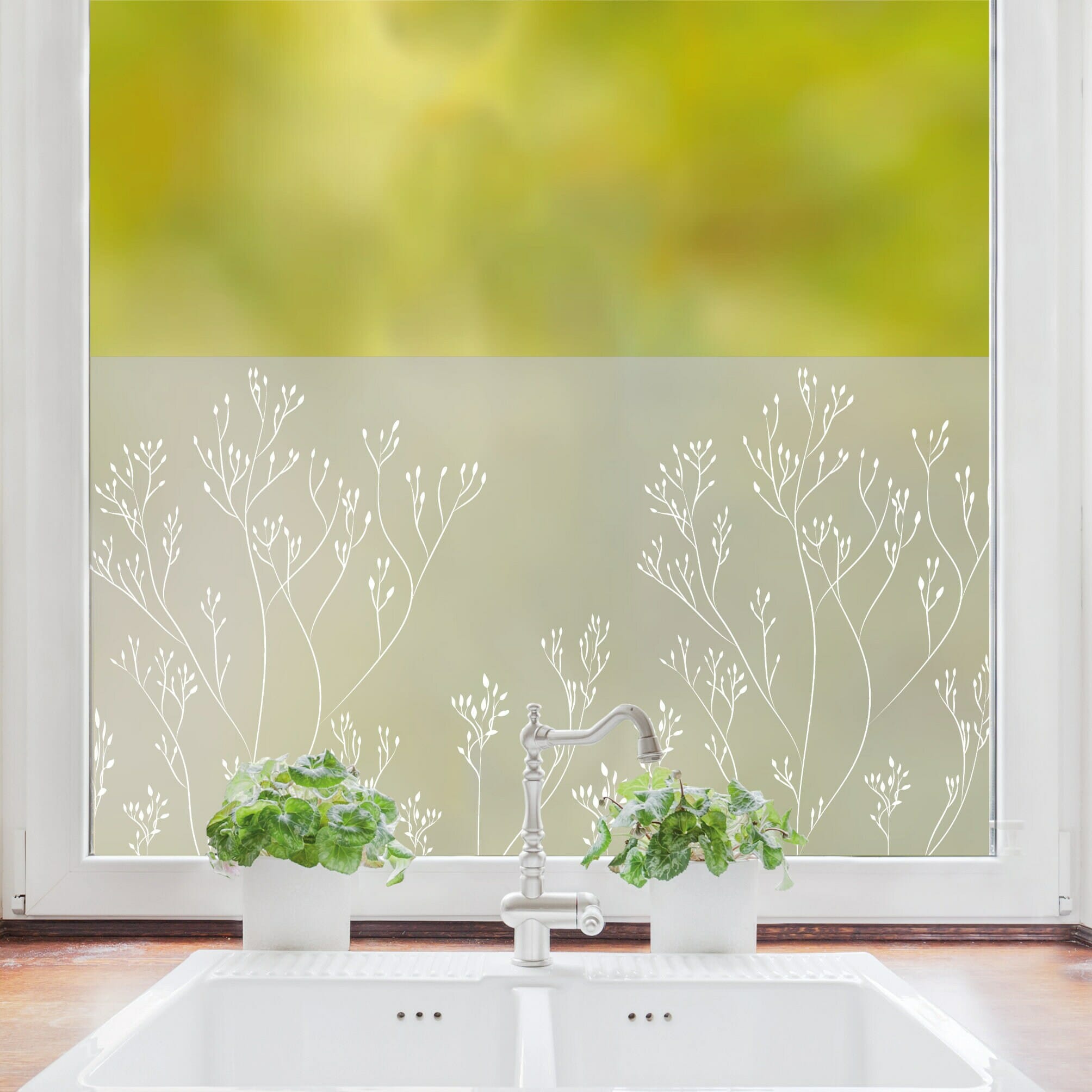 Sichtschutzfolie mit zarten filigranen Zweigen, Fensterfolie Fensterdeko Milchglasfolie