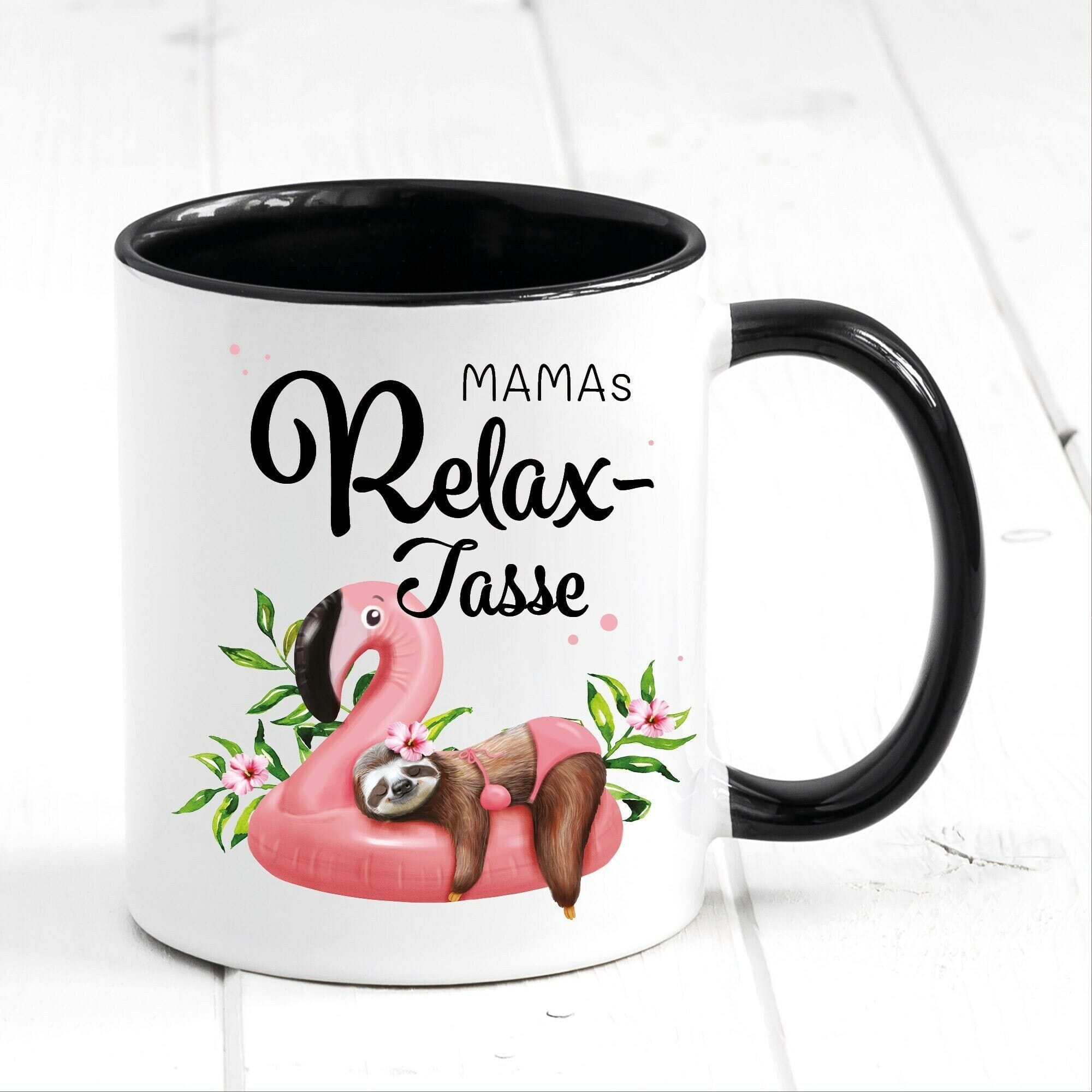 Tasse bedruckt, "Mamas Relax Tasse" mit Wunschnamen, Geschenk Geburtstag, Faultier auf Flamingo, Weihnachtsgeschenk