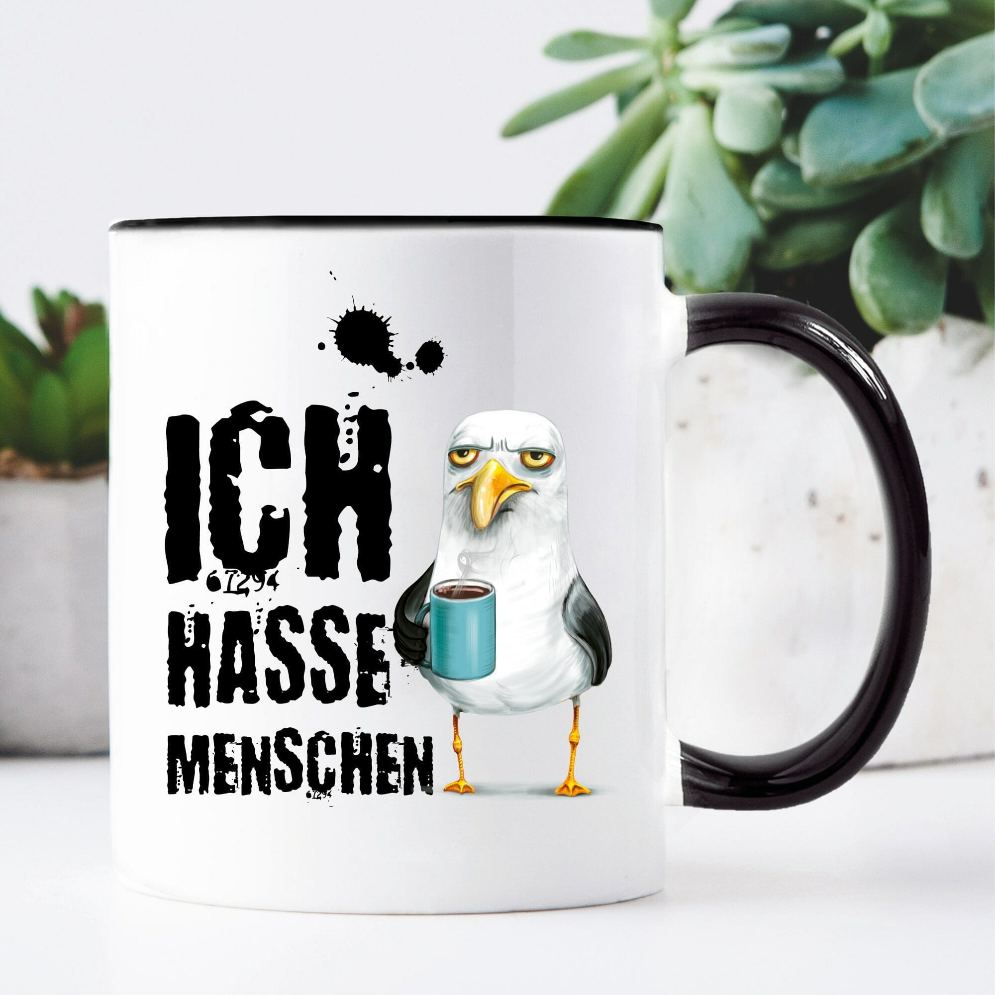 Tasse bedruckt Möwe Ich hasse Menschen, Kaffeetasse