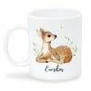 Auf dem Bild ist das Produkt: Tasse bedruckt Reh Rehkitz und Igel mit Wunschnamen zum Preis von €18.9 abgebildet.