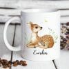 Auf dem Bild ist das Produkt: Tasse bedruckt Reh Rehkitz und Igel mit Wunschnamen zum Preis von €18.9 abgebildet.