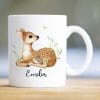 Auf dem Bild ist das Produkt: Tasse bedruckt Reh Rehkitz und Igel mit Wunschnamen zum Preis von €18.9 abgebildet.