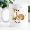 Auf dem Bild ist das Produkt: Tasse bedruckt Reh Rehkitz und Igel mit Wunschnamen zum Preis von €18.9 abgebildet.