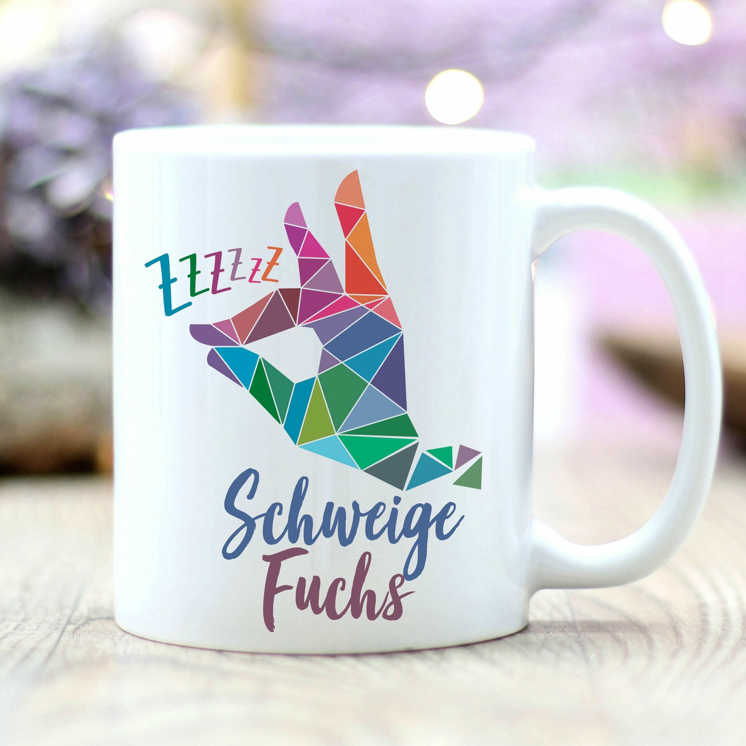 Tasse bedruckt Schweigefuchs Leisefuchs geometrisch Kaffee Geschenk Geburtstag