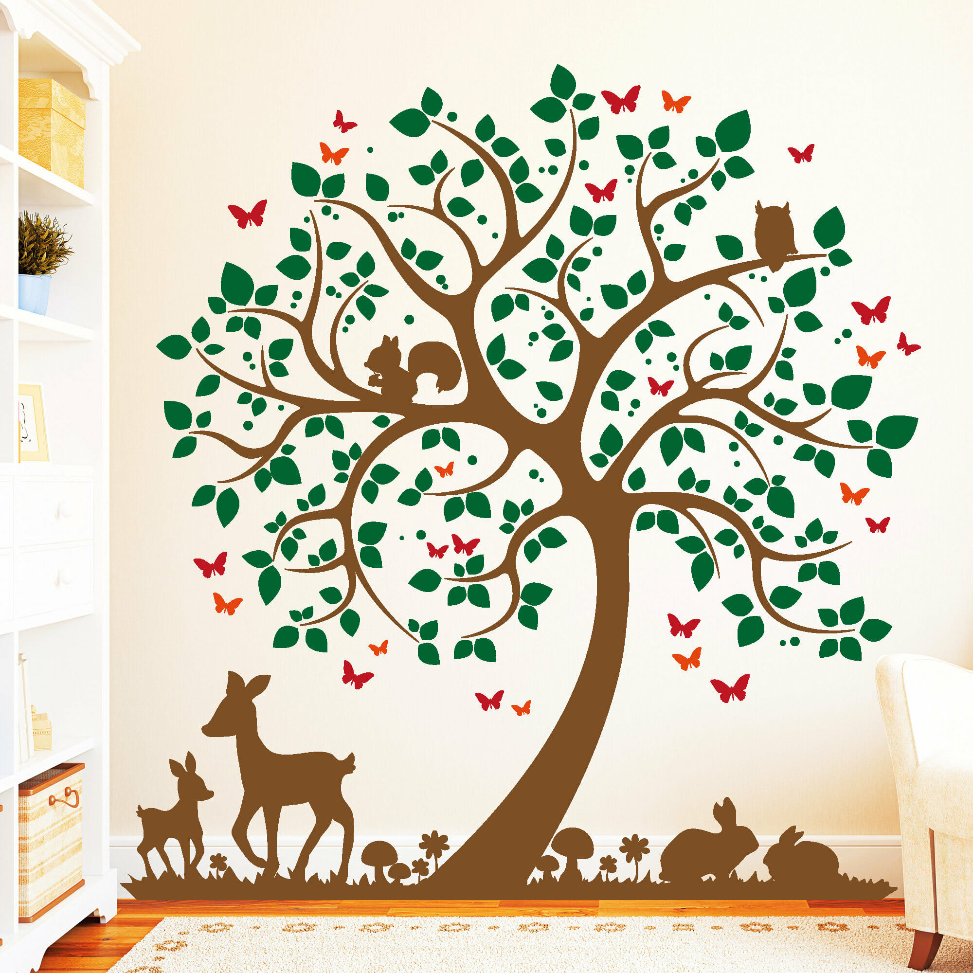Wandtattoo Kinderzimmer Baum mit Hasen Rehkitz 4 Farben, Dekoration Babyzimmer