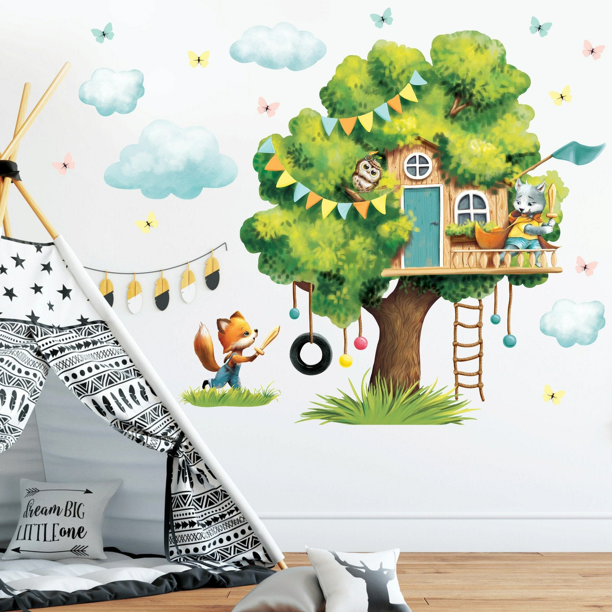 Wandtattoo Kinderzimmer Baumhaus Fuchs Tierfreunde bunt Dekoration Babyzimmer