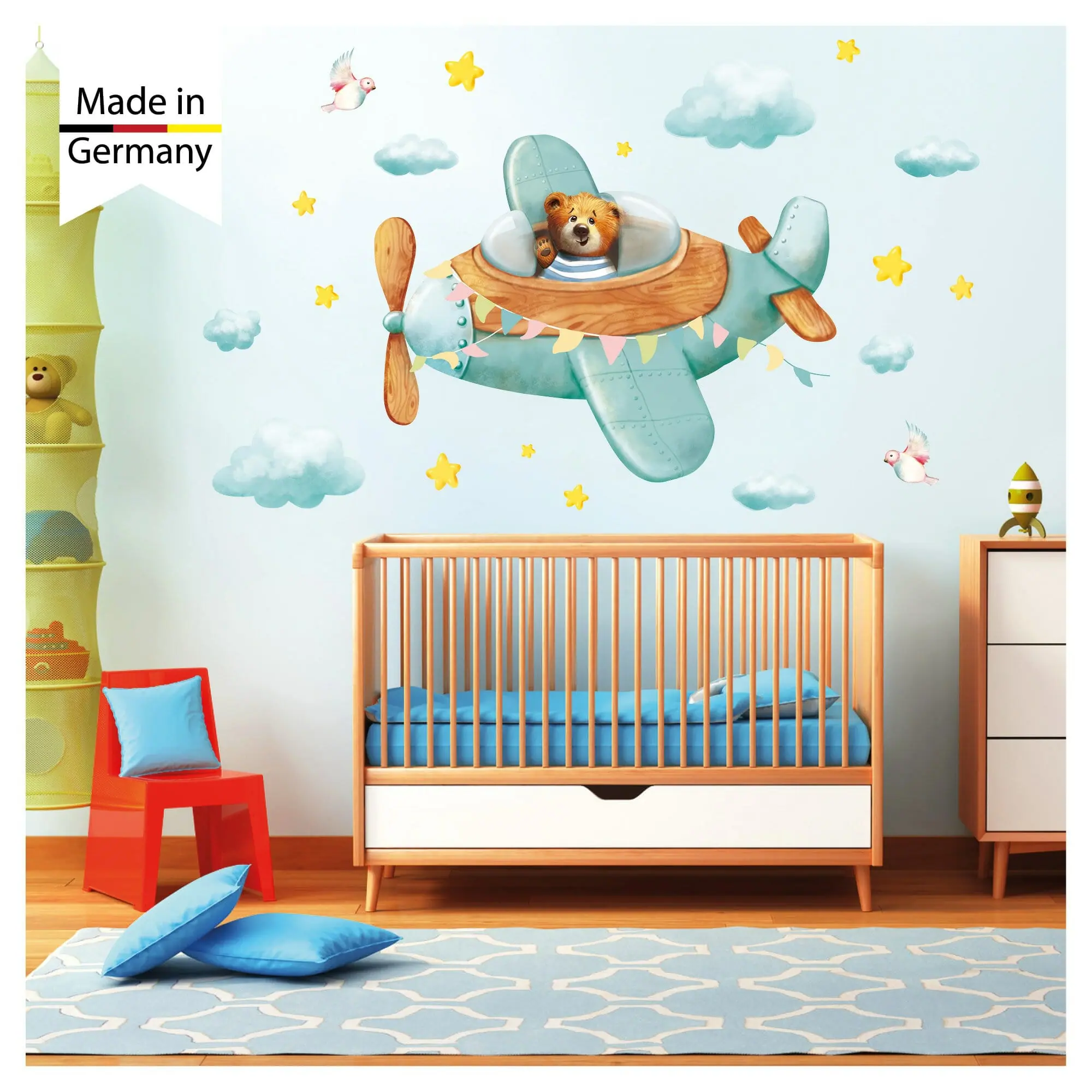 Wandtattoo Kinderzimmer bunt Mädchen Junge Flugzeug Bär Wolken Sterne  Dekoration Babyzimmer blau