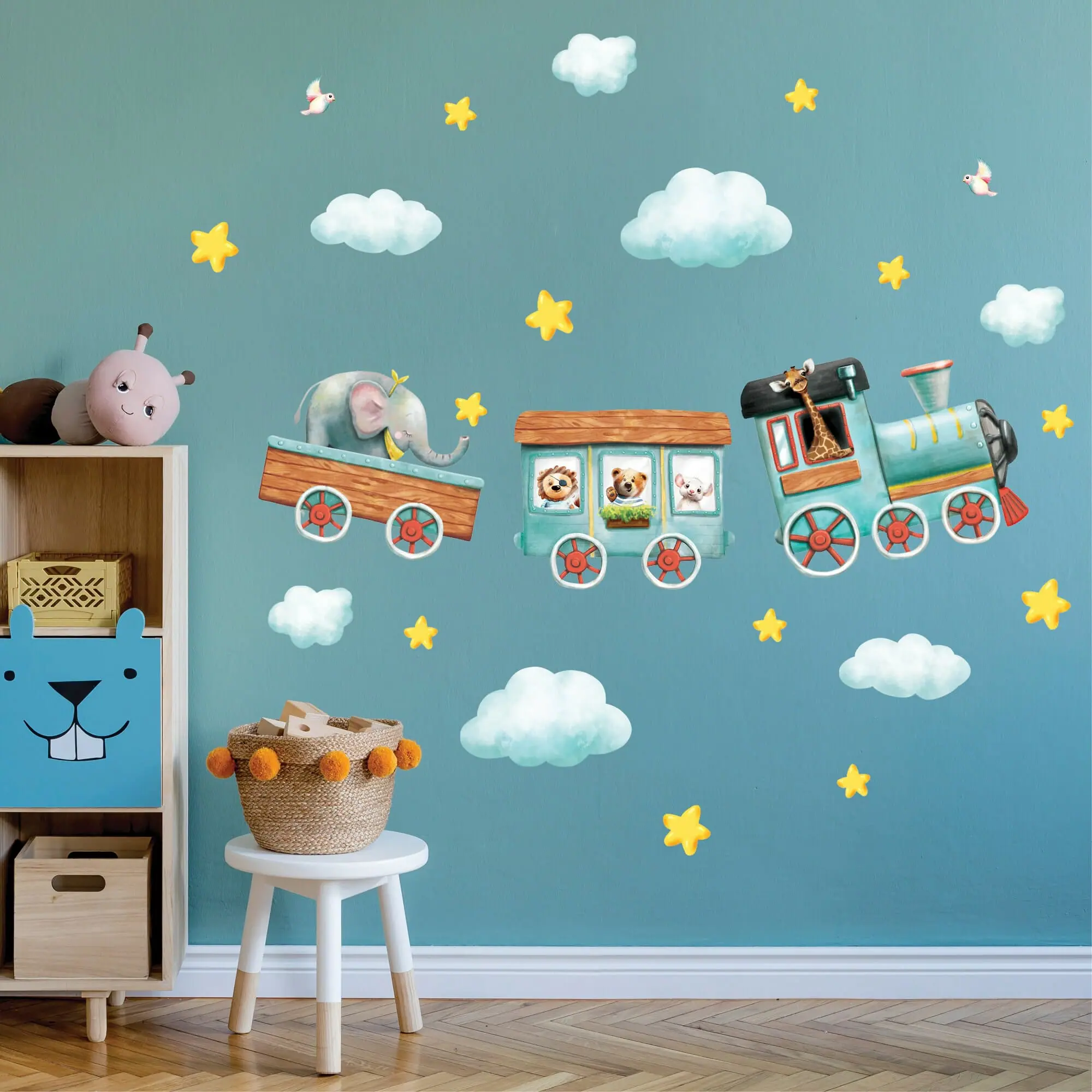 Auf dem Bild ist das Produkt: Wandtattoo Kinderzimmer Eisenbahn Tierfreunde bunt Dekoration Babyzimmer Zug Tiere zum Preis von €19.9 abgebildet.