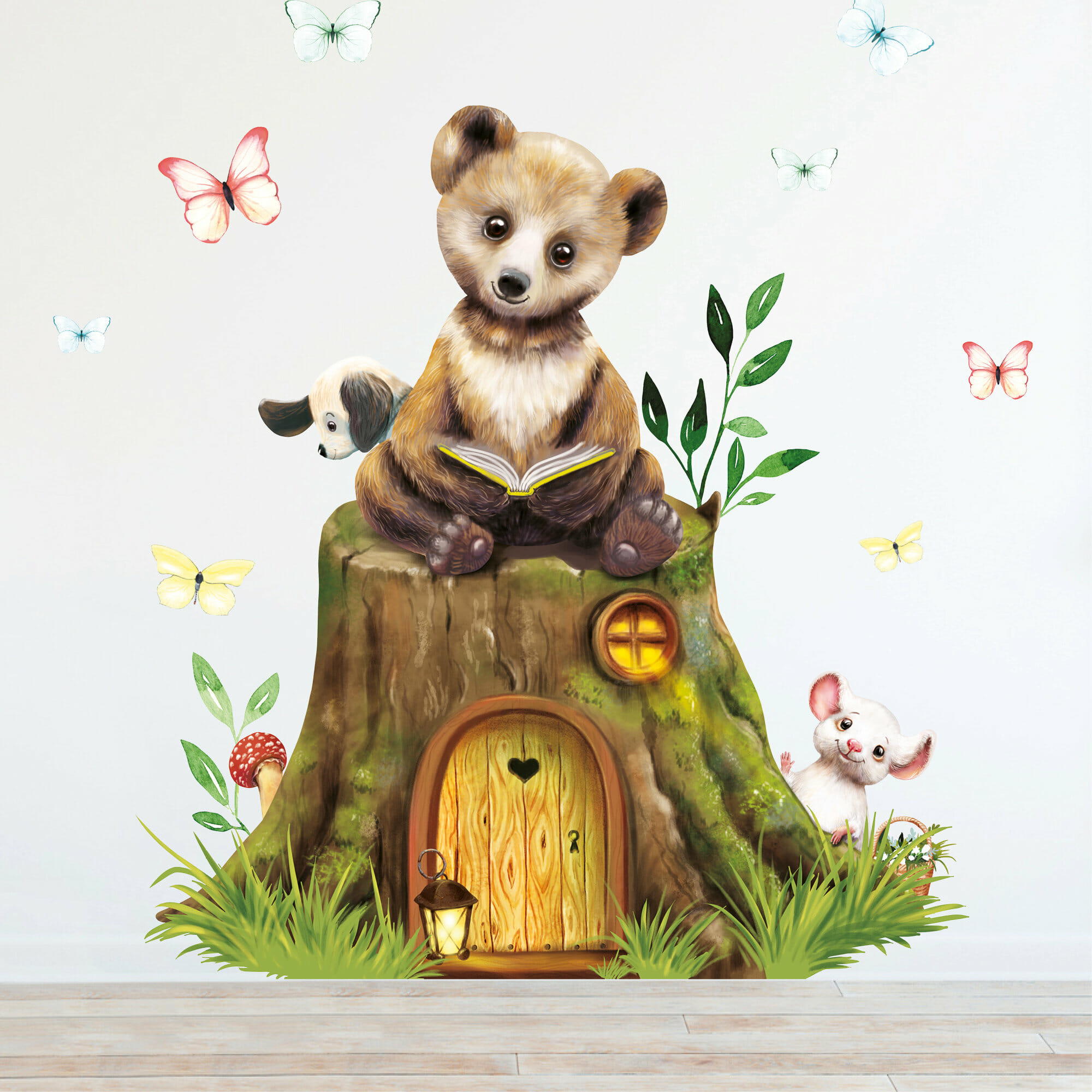 Wandtattoo Kinderzimmer Elfentür Baumstumpf mit lesendem Bär