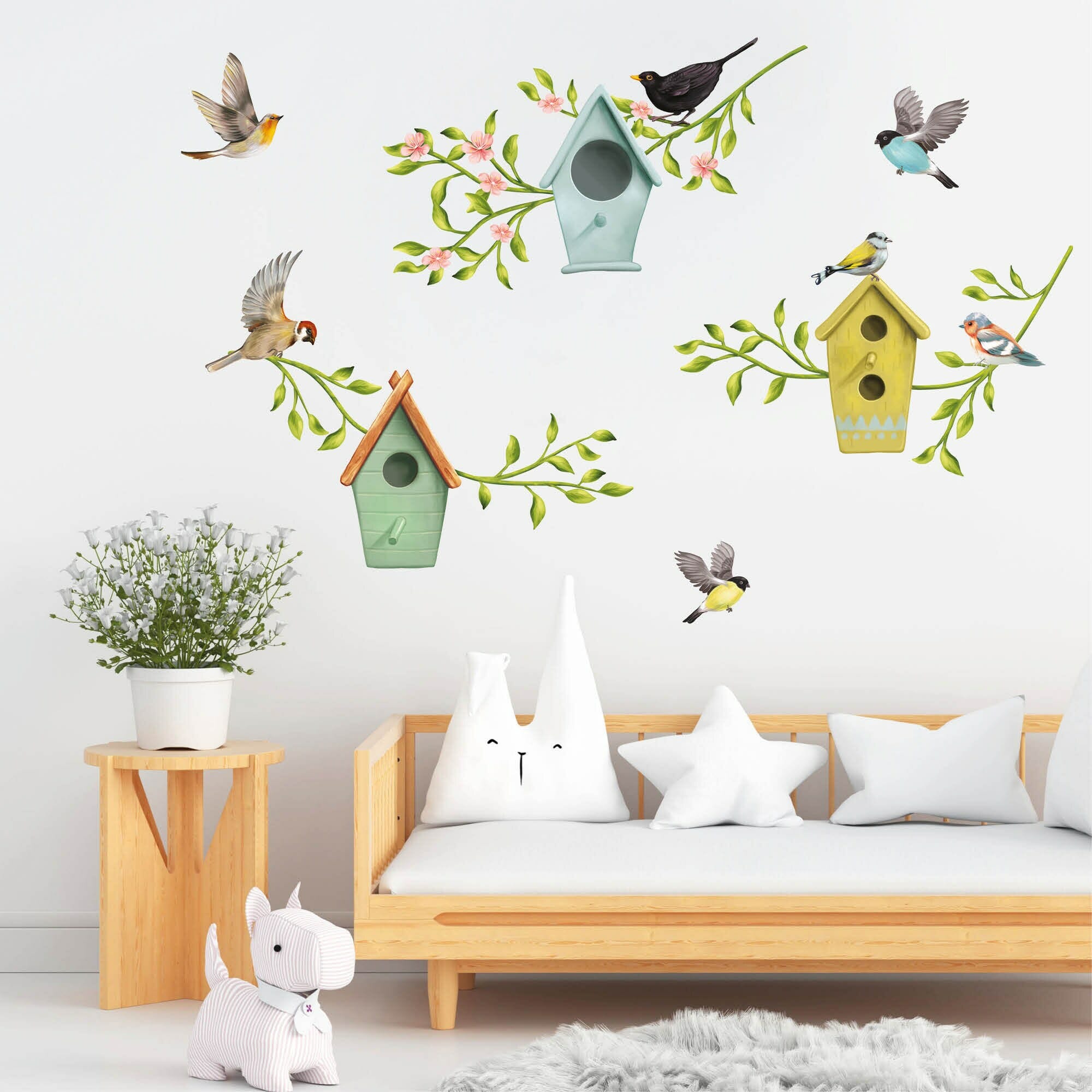 Wandtattoo Kinderzimmer Frühling Vogelhäuschen mit Vögeln