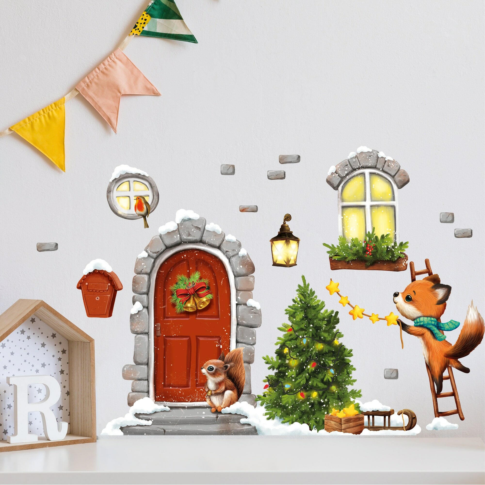 Wandtattoo Kinderzimmer Fuchs und Mäusetür weihnachtlich bunt Dekoration Babyzimmer