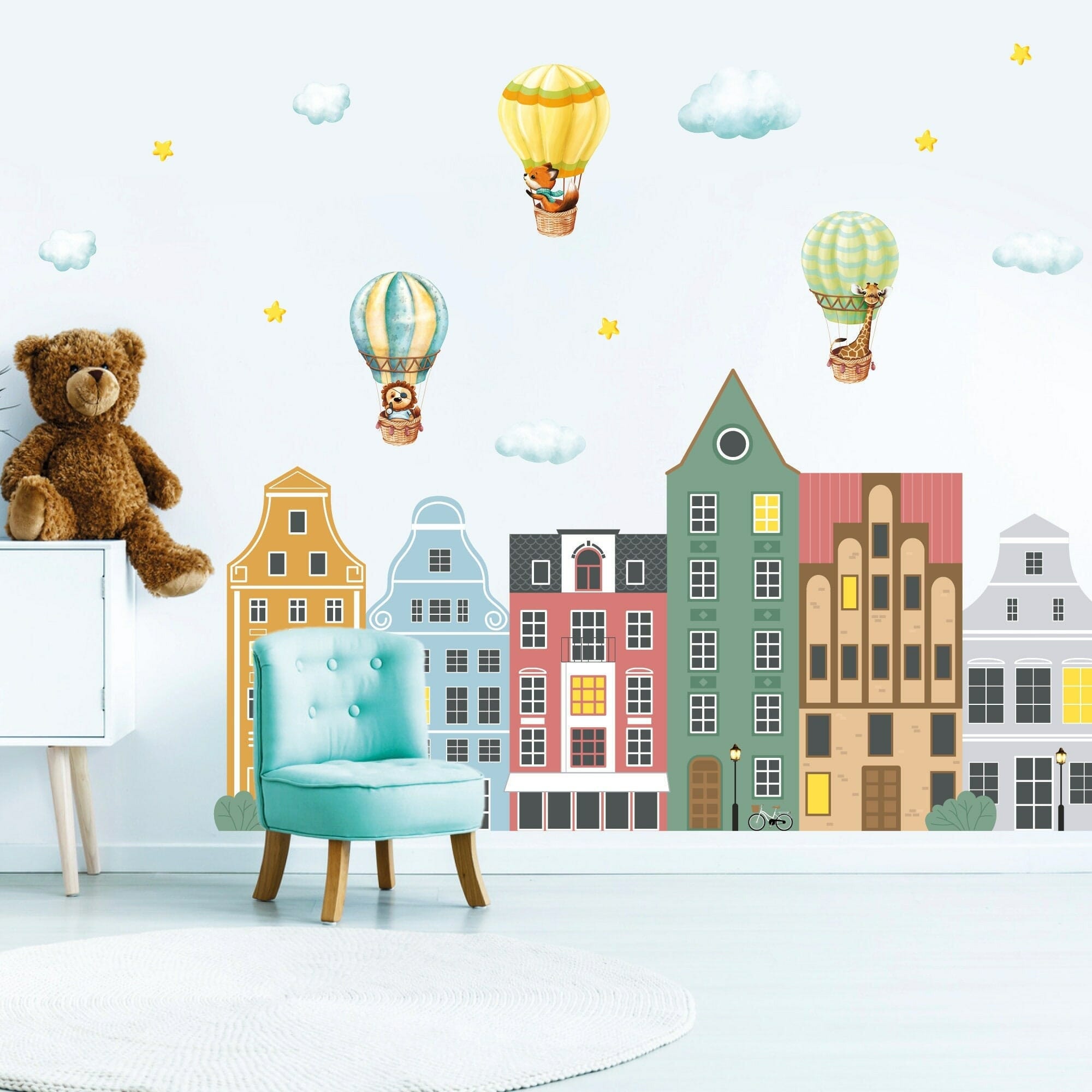 Wandtattoo Kinderzimmer Häuser Hansehäuser und Heißluftballons mit Tieren Dekoration Babyzimmer