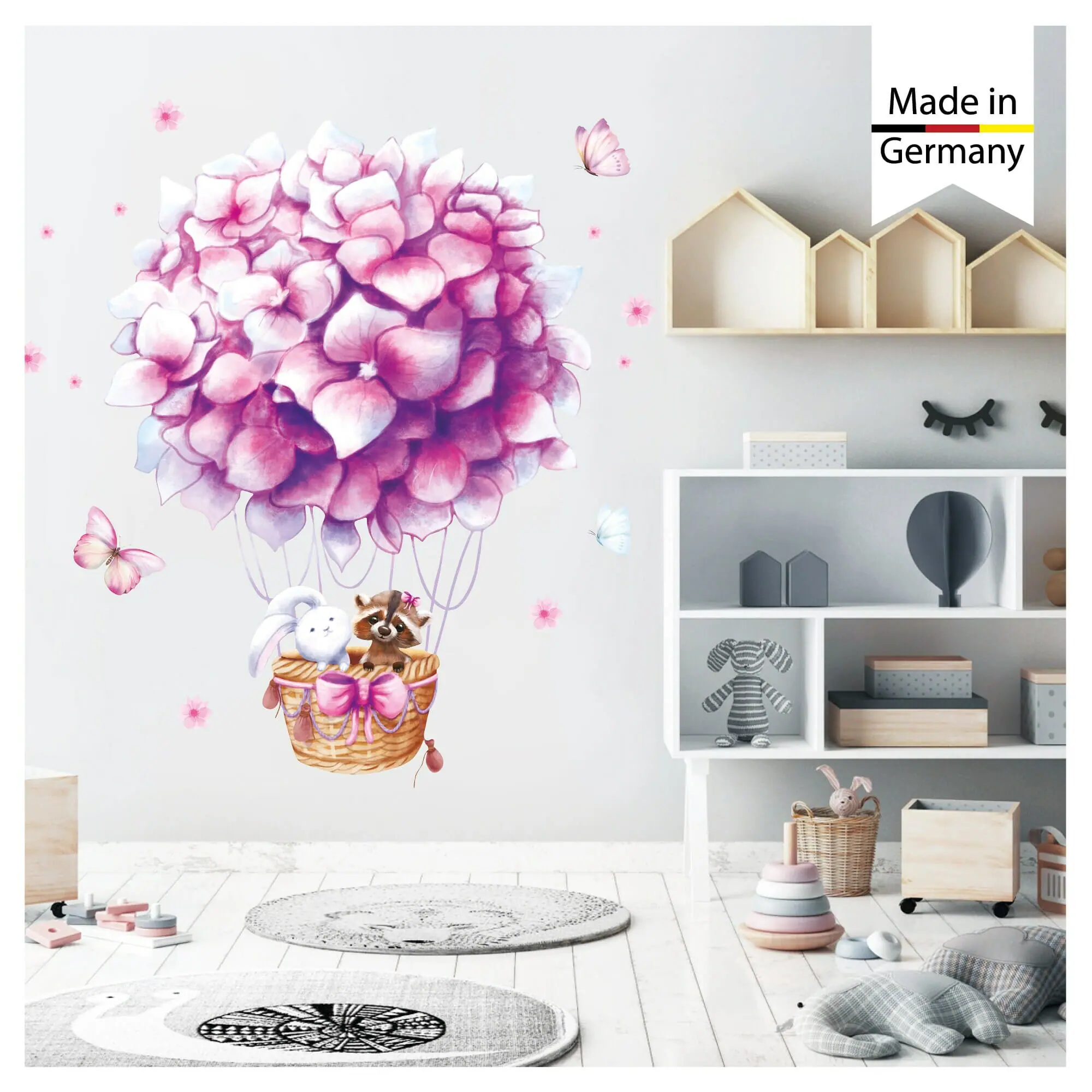 Wandtattoo Kinderzimmer Mädchen Heißluftballon Waschbär Hase Blumen rosa  lila Farbiges Wandbild | Wandtattoo Loft