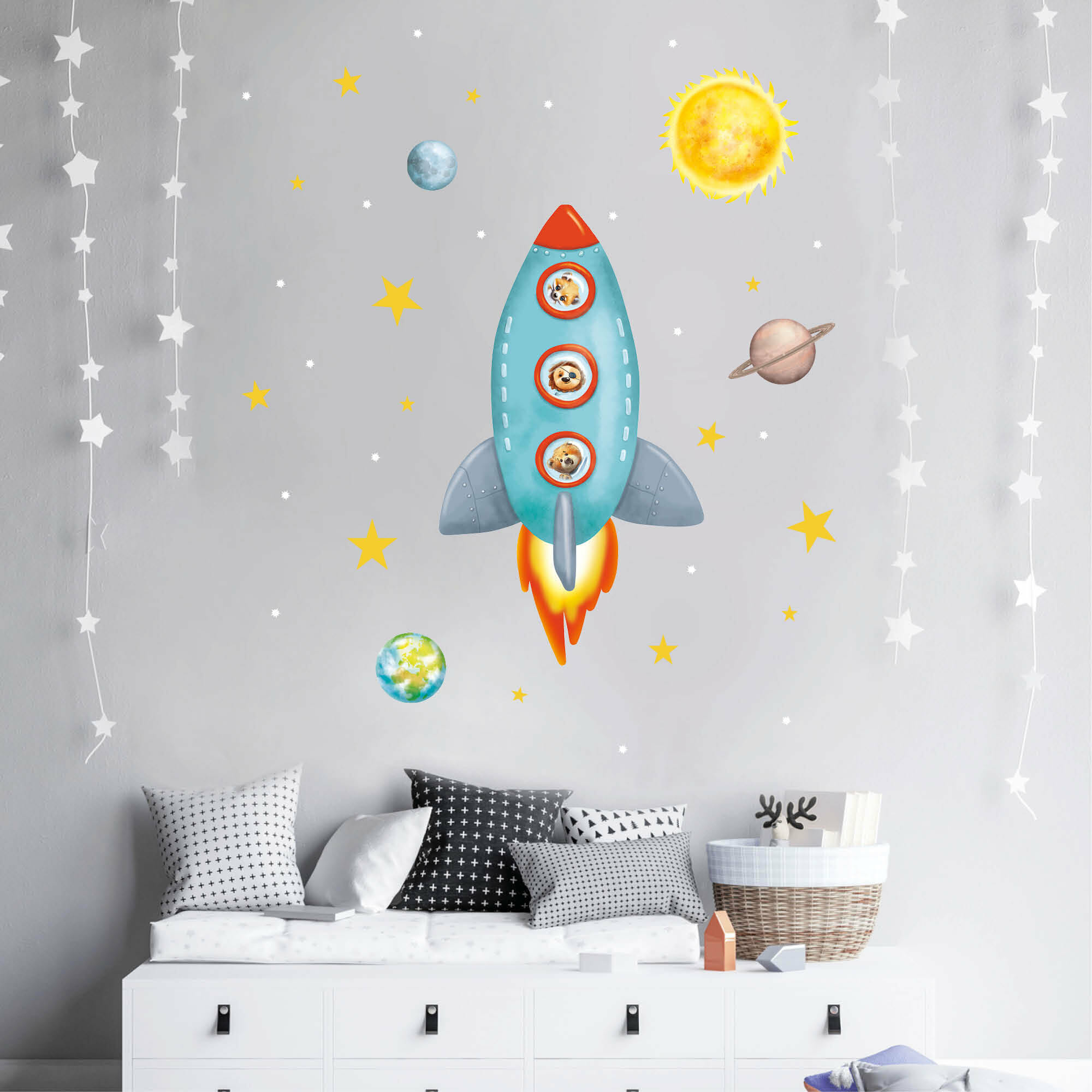 Wandtattoo Kinderzimmer Rakete mit Tieren mit Mond und Sternen Dekoration Babyzimmer
