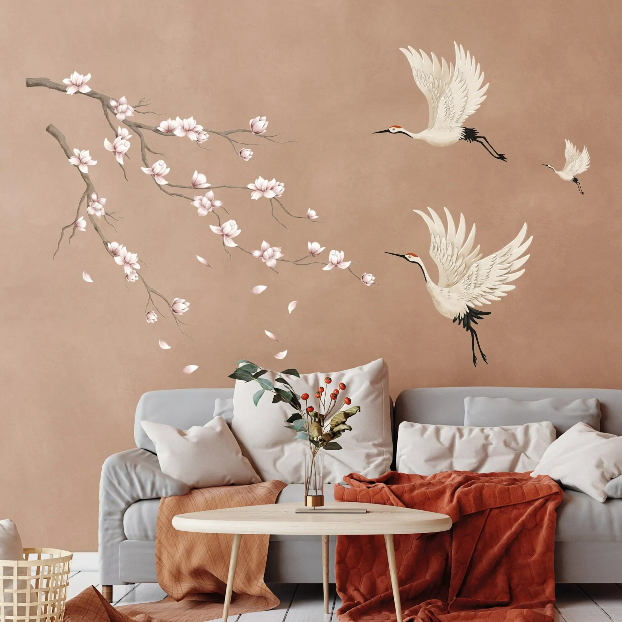 Auf dem Bild ist das Produkt: Wandtattoo Kraniche mit einem Magnolienzweig Dekoration Tiere Natur zum Preis von €45.9 abgebildet.