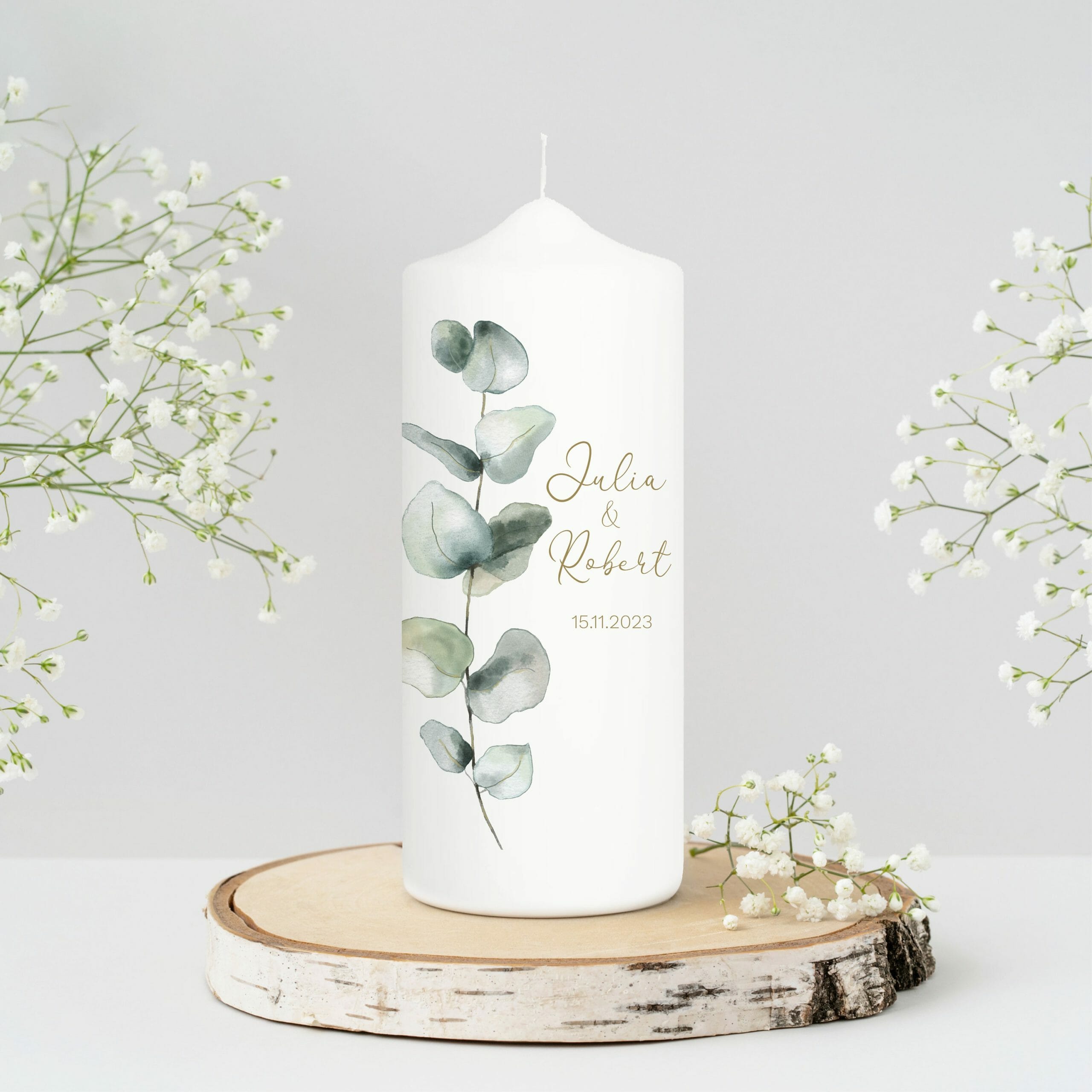 Weiße Hochzeitskerze mit Eukalyptuszweig Boho Personalisiert Hochzeit Kerze