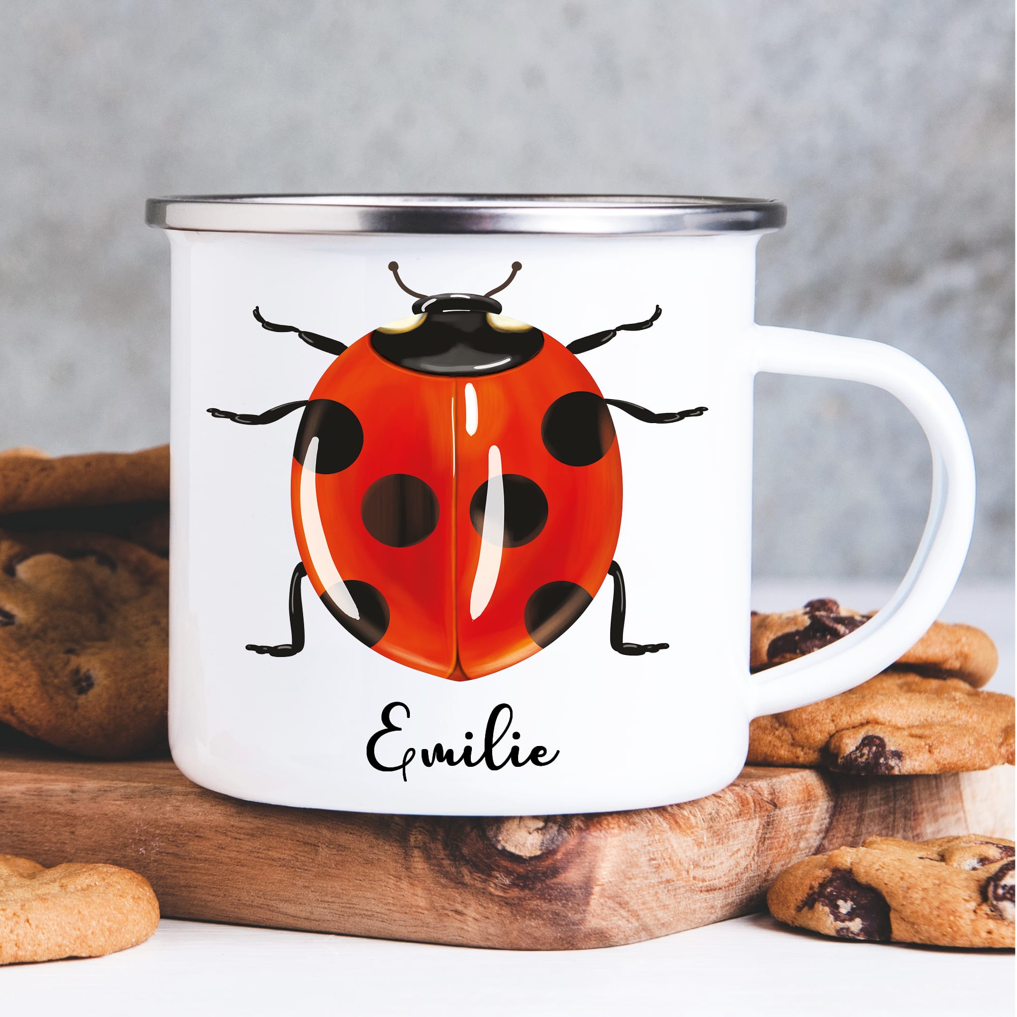 Tasse Emaille Campingbecher Marienkäfer personalisiert mit Wunschname Geschenk Kindertasse