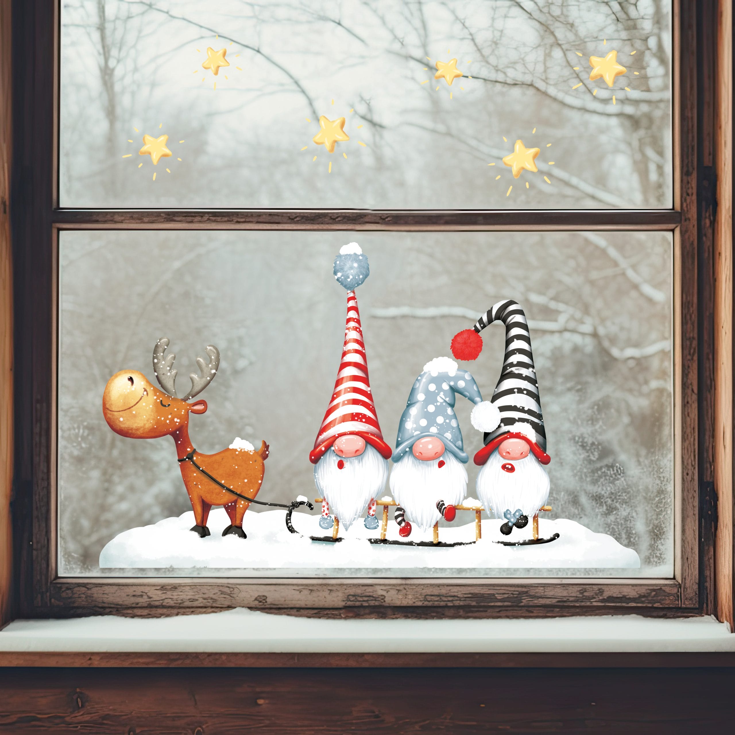 Auf dem Bild ist das Produkt: Fensterbild Winter Weihnachten Elch mit Zwergen Schlitten winterliche Fensterdeko wiederverwendbar zum Preis von €13.90 abgebildet.