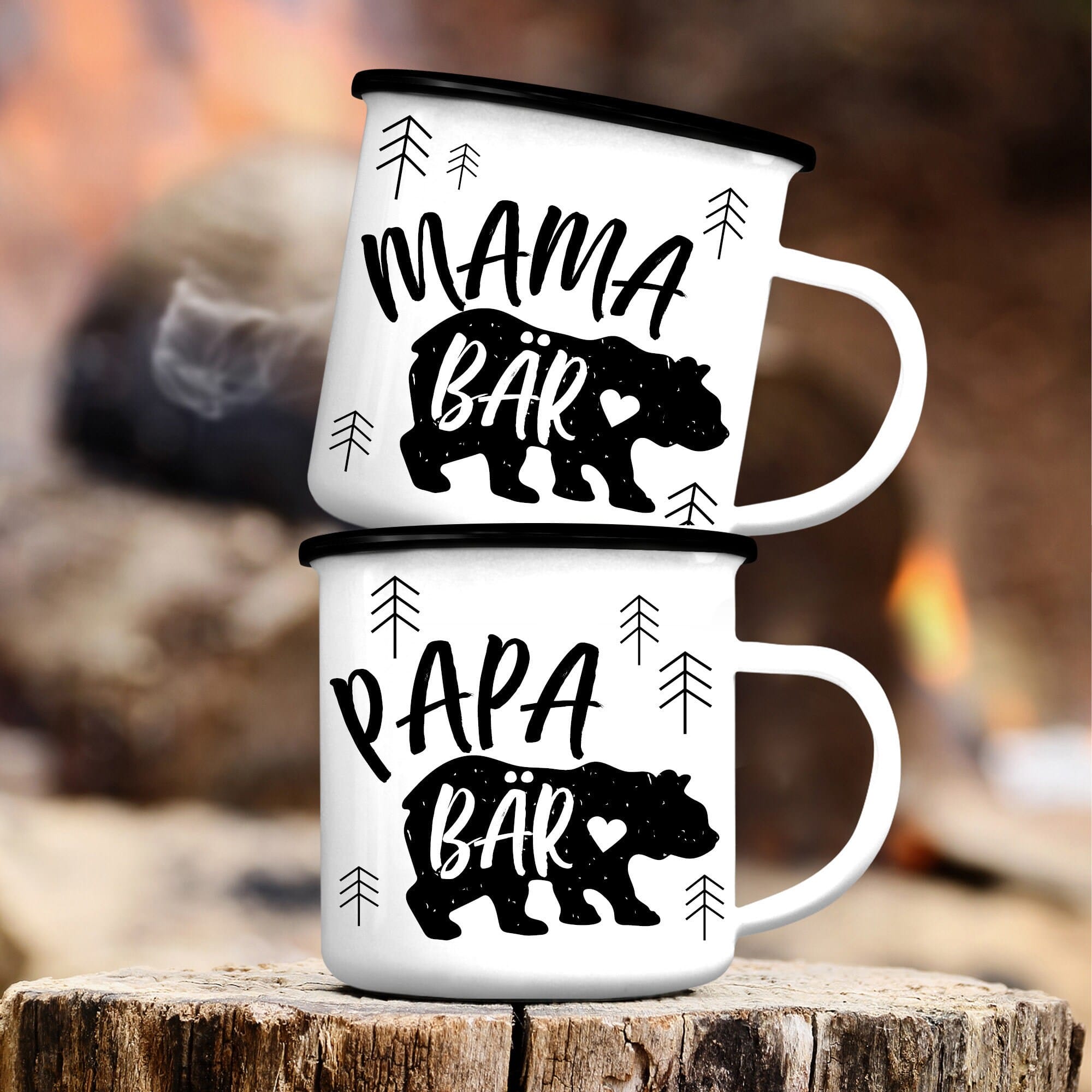 Emaille Campingbecher 2er Set Papa Bär und Mama Bär Geschenk Vatertag Muttertag Kaffeebecher