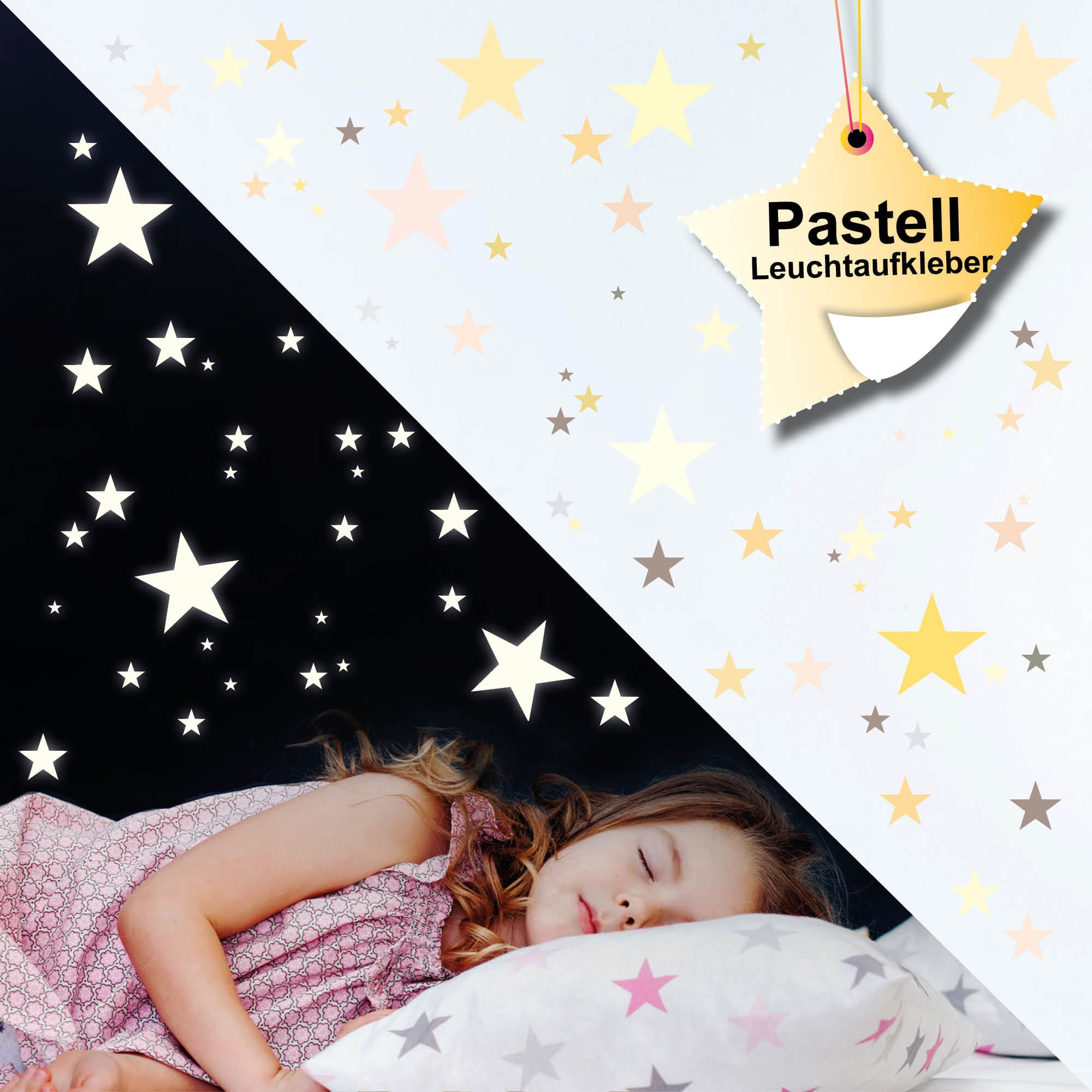 Auf dem Bild ist das Produkt: Farbige Leuchtsterne Leuchtaufkleber nachtleuchtend tagsüber in zarten Pastellfarben Sternenhimmel zum Preis von €29.9 abgebildet.