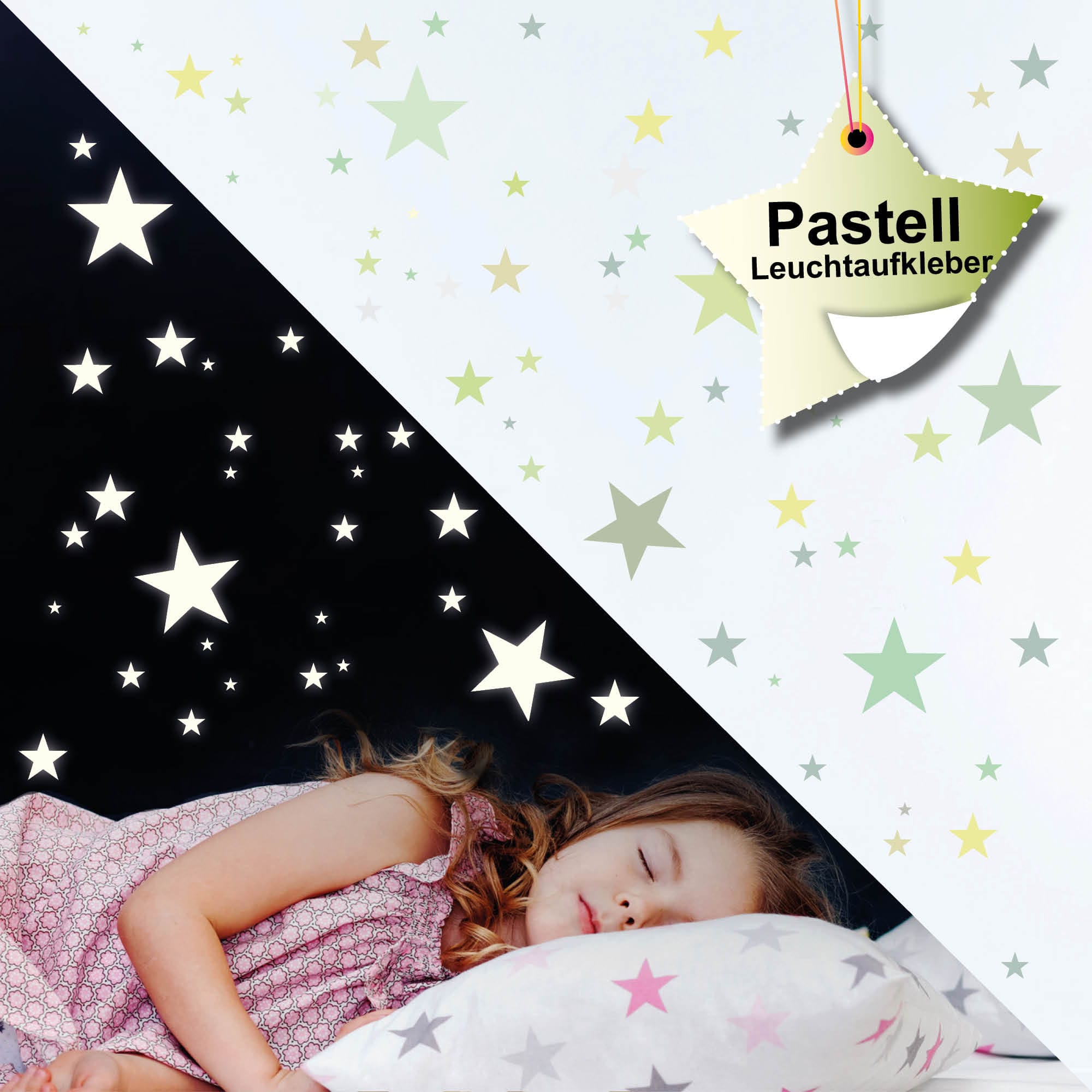 Auf dem Bild ist das Produkt: Farbige Leuchtsterne Leuchtaufkleber nachtleuchtend tagsüber in zarten Pastellfarben Sternenhimmel zum Preis von €29.9 abgebildet.