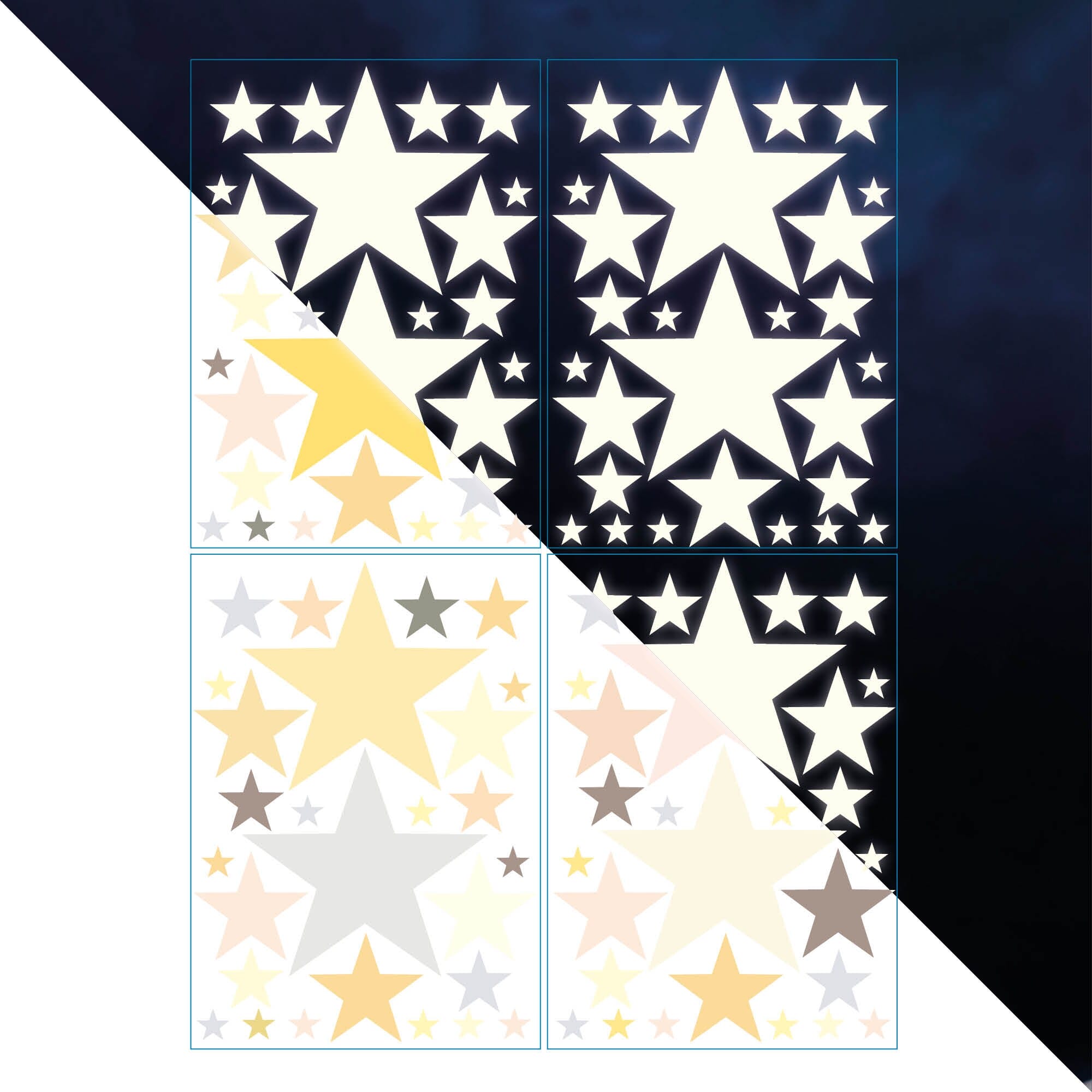 Auf dem Bild ist das Produkt: Farbige Leuchtsterne Leuchtaufkleber nachtleuchtend tagsüber in zarten Pastellfarben Sternenhimmel zum Preis von €29.9 abgebildet.