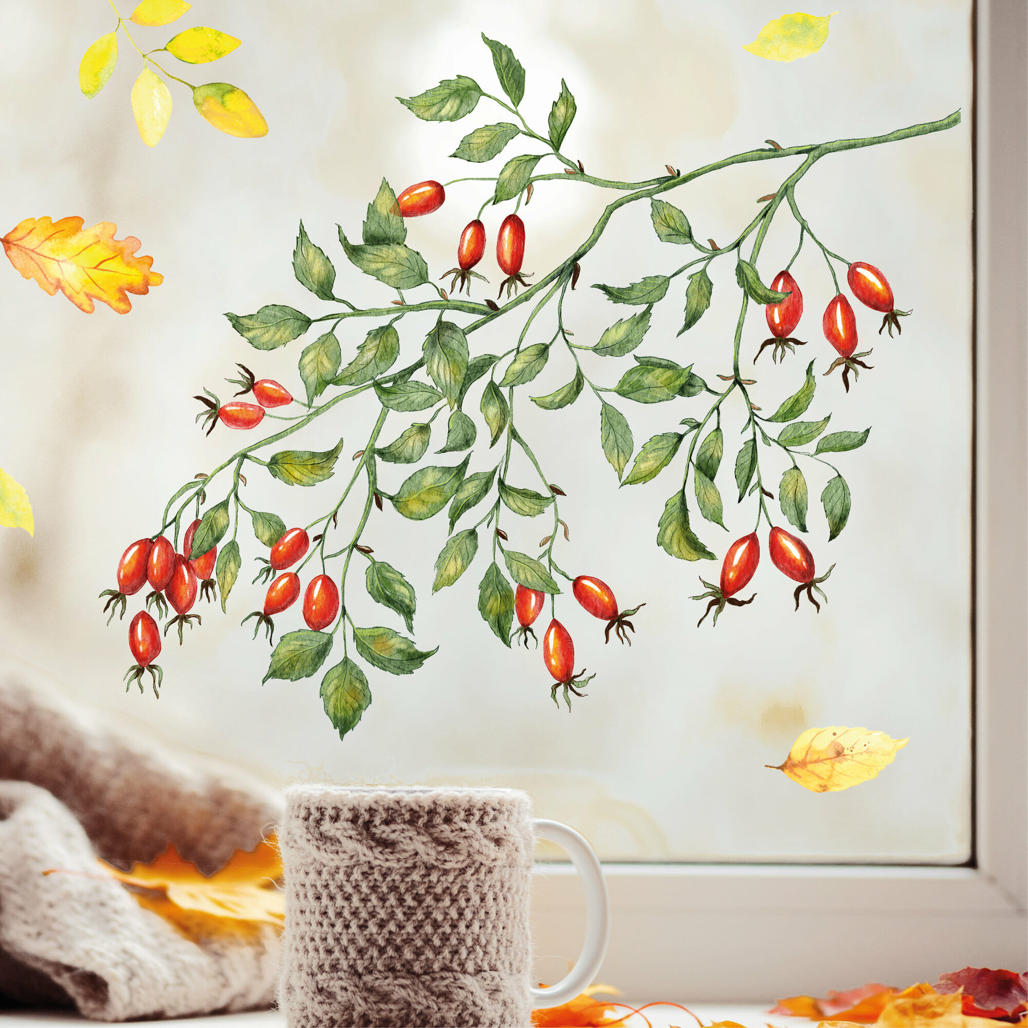 Fensterbild Hagebutten Zweig Herbst Herbstfrüchte Herbstblätter Halloween bunt wiederverwendbare Fensteraufkleber Kinderzimmer Baby Kind