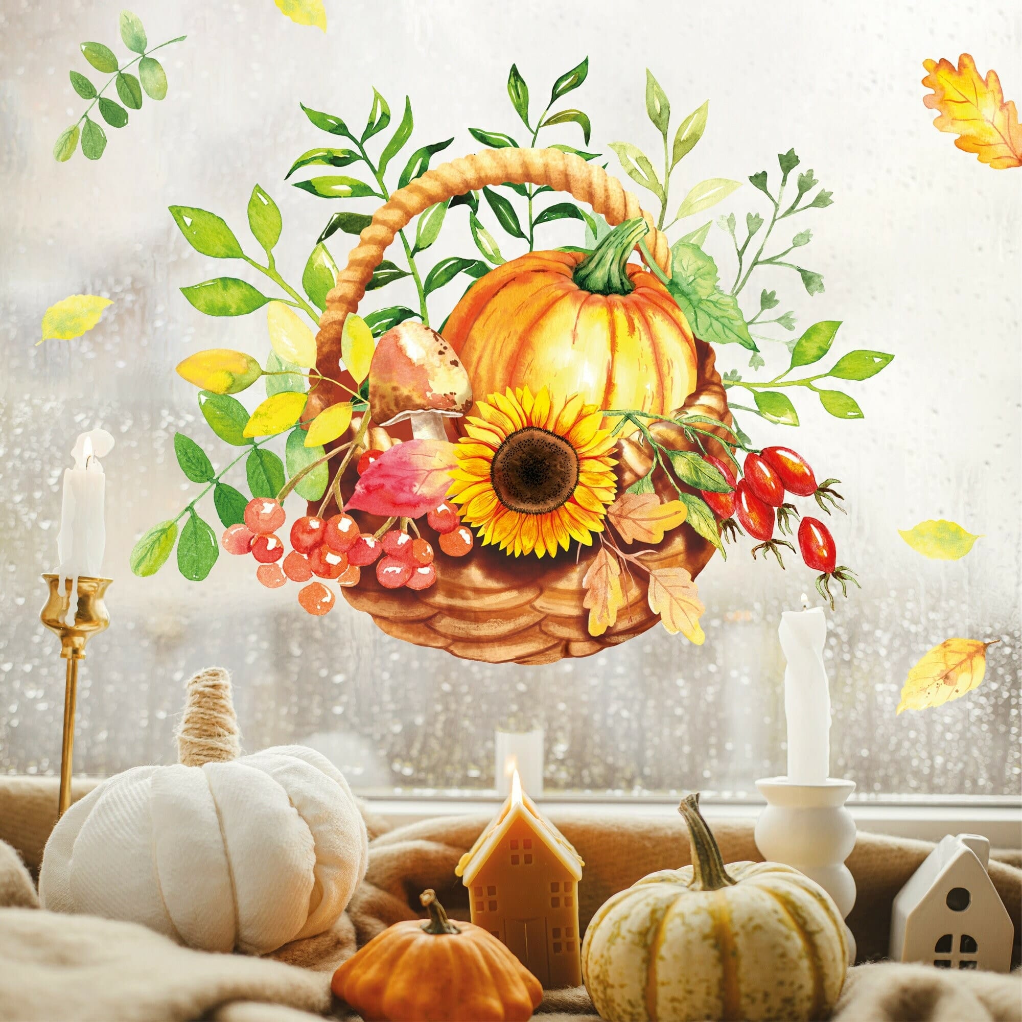 Fensterbild Herbstkorb Herbst Herbstfrüchte Herbstblätter Kürbis Halloween bunt wiederverwendbare Fensteraufkleber Kinderzimmer Baby Kind