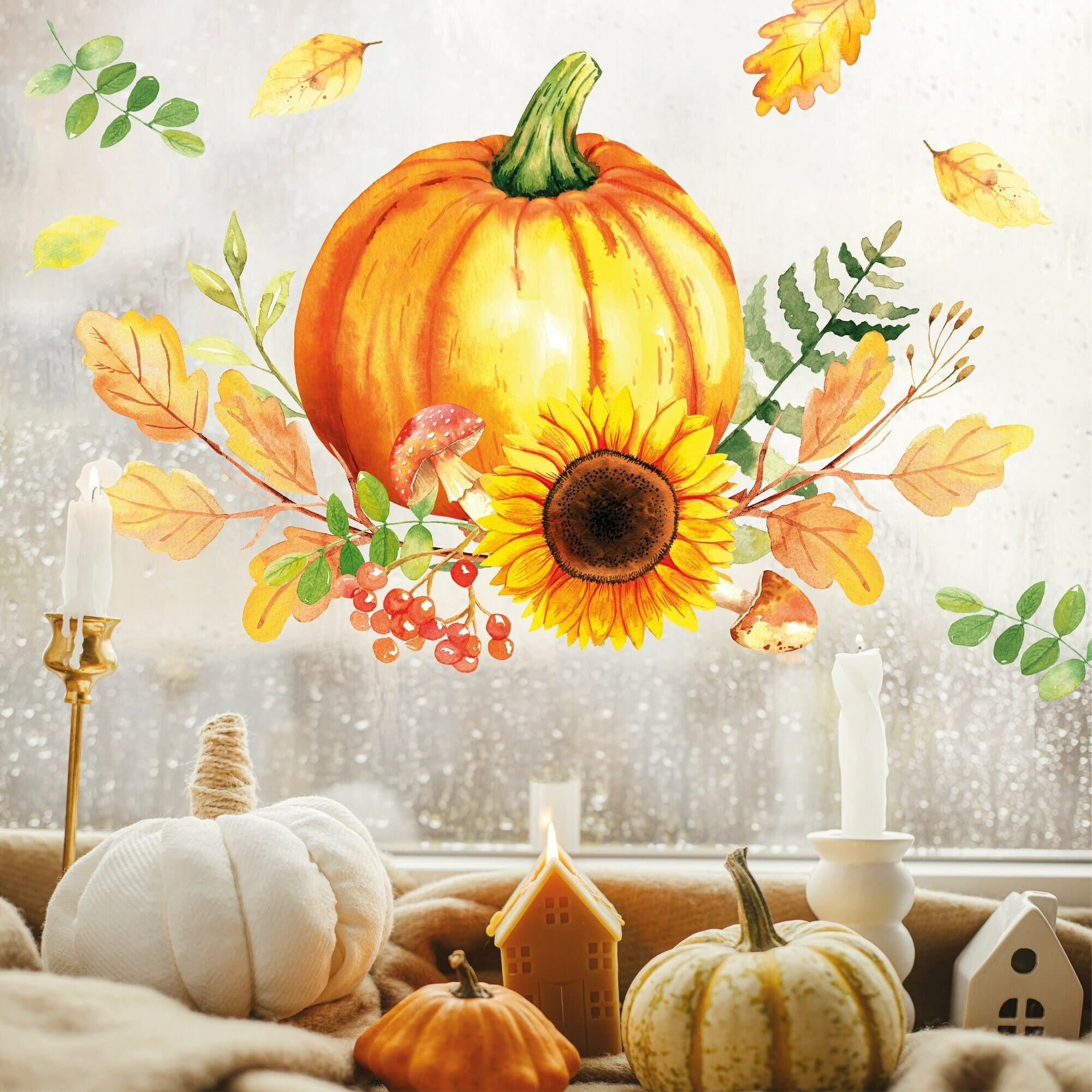 Fensterbild Kürbis Herbst Herbstfrüchte Sonnenblume Herbstblätter Halloween bunt wiederverwendbare Fensteraufkleber Kinderzimmer Baby Kind