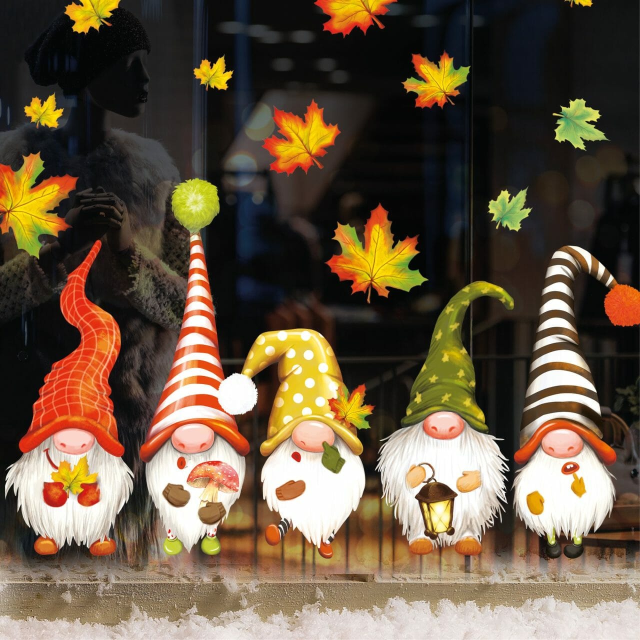 Herbst-Fensteraufkleber Set – Aquarell-Design Mit Vogelscheuche, Kürbis & Ahornblättern, Statisch, Wiederverwendbar