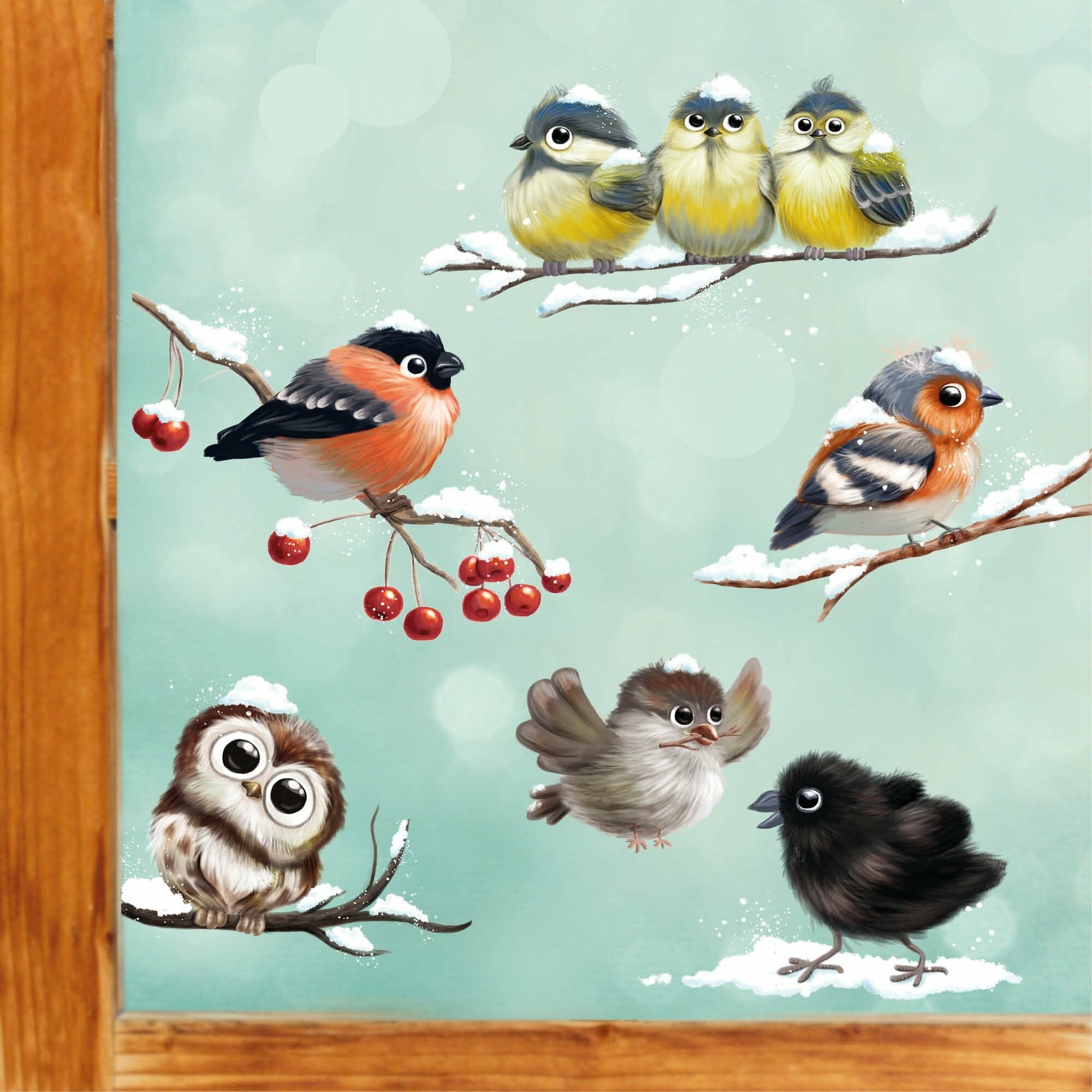 Fensterbild Vögel Set mit Schnee winterliche Fensteraufkleber Fensterdeko Wohnzimmer Flur Kinderzimmer Küche wiederverwendbar