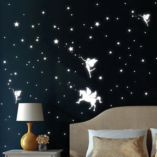 Auf dem Bild ist das Produkt: Leuchtaufkleber Einhorn mit Elfen Sternenhimmel für das Kinderzimmer zum Preis von €19.9 abgebildet.