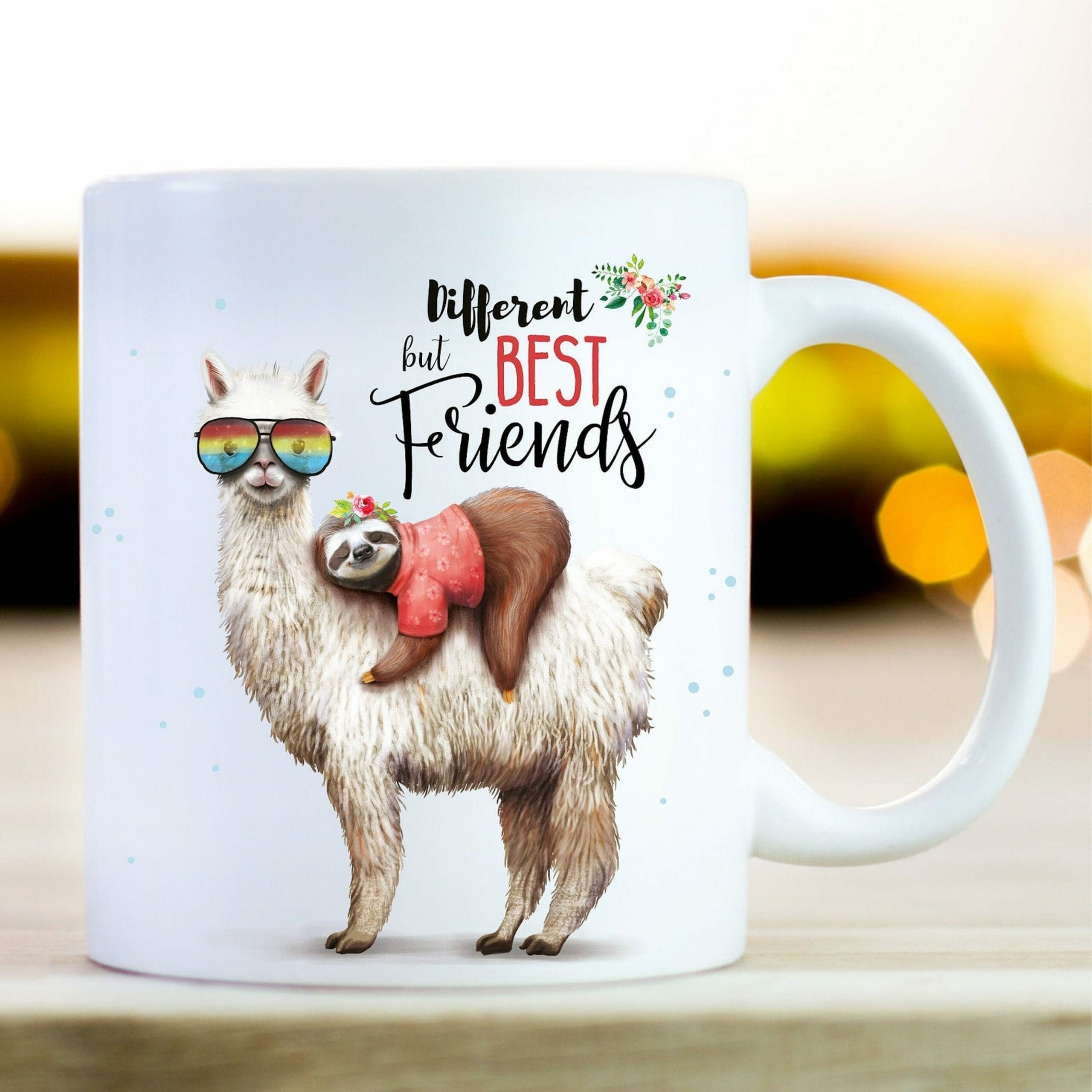 Tasse bedruckt Lama Faultier Different but best friends Kaffeetasse weiß beidseitig Geschenk Geburtstag