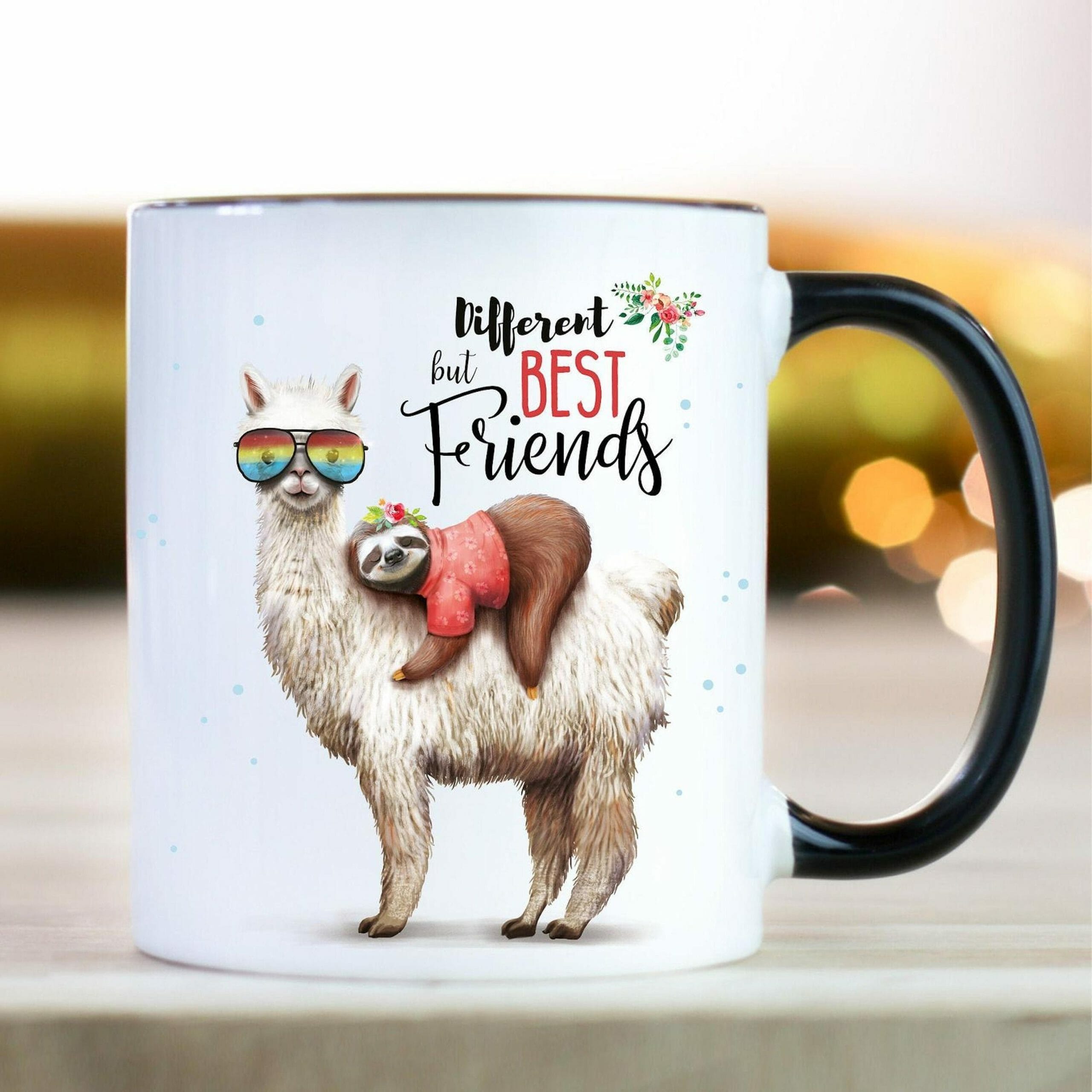 Tasse bedruckt Lama Faultier Different but best friends Kaffeetasse weiß beidseitig Geschenk Geburtstag