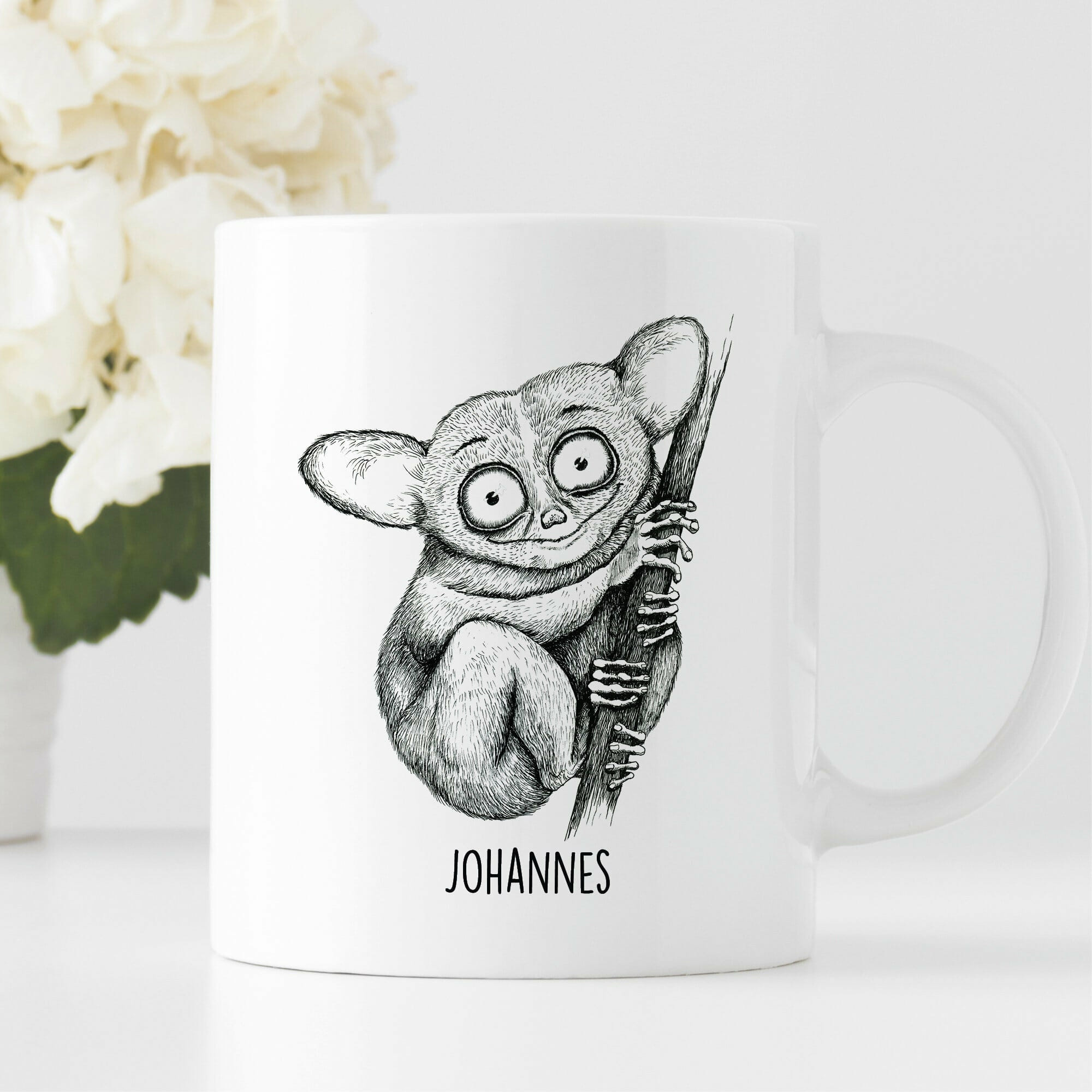 Tasse bedruckt mit einem Koboldmaki und dem Wuschnamen, personalisiertes Geschenk Geburtstag Kaffeetasse Kaffeebecher