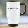 Auf dem Bild ist das Produkt: Edelstahl Thermobecher To Go bedruckt mit Spruch Ein Lächeln für dich Kaffeebecher 390 ml mit Griff zum Preis von €21.9 abgebildet.