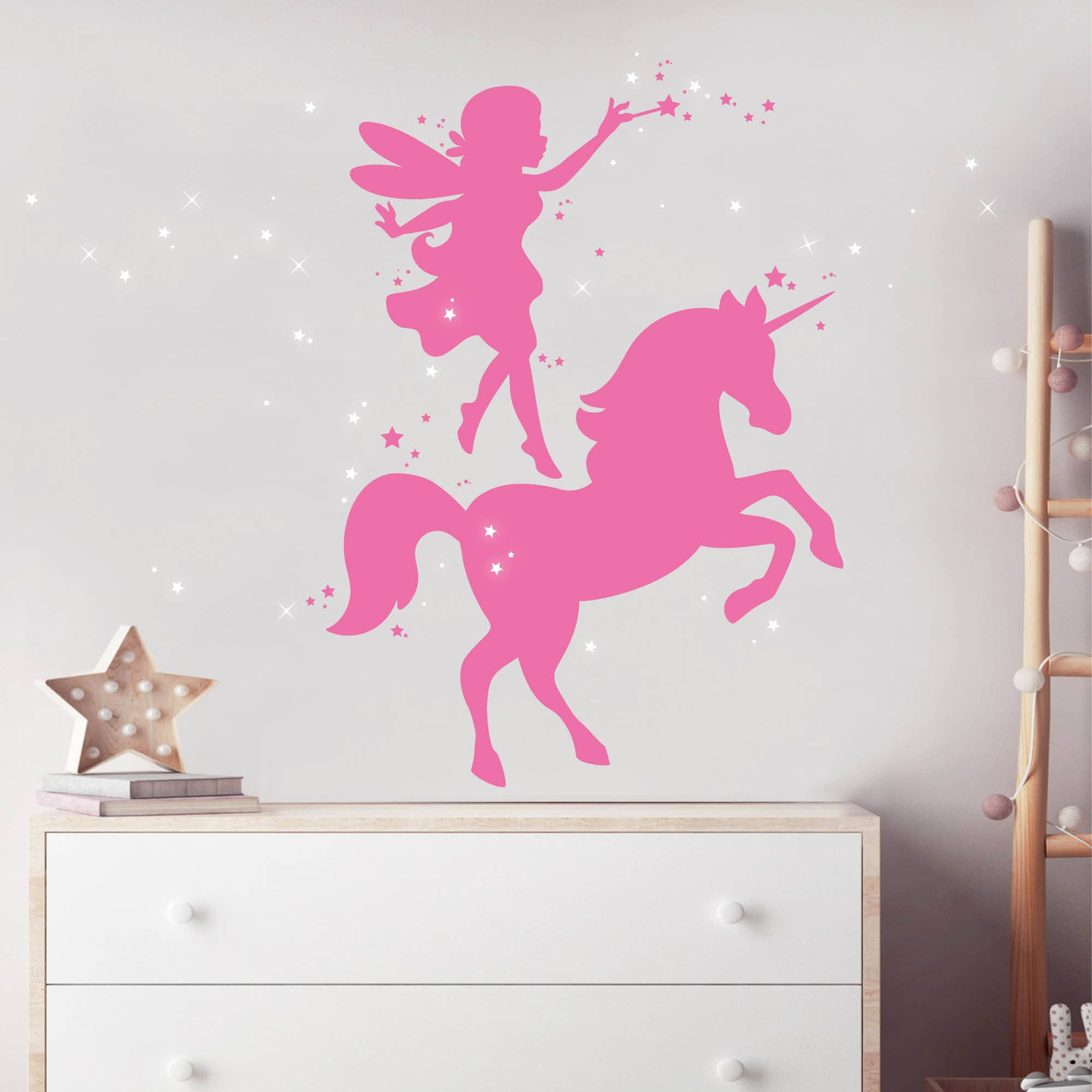 Wandtattoo Kinderzimmer Einhorn und Elfe und 100 Leuchtaufkleber, Dekoration Kinderzimmer