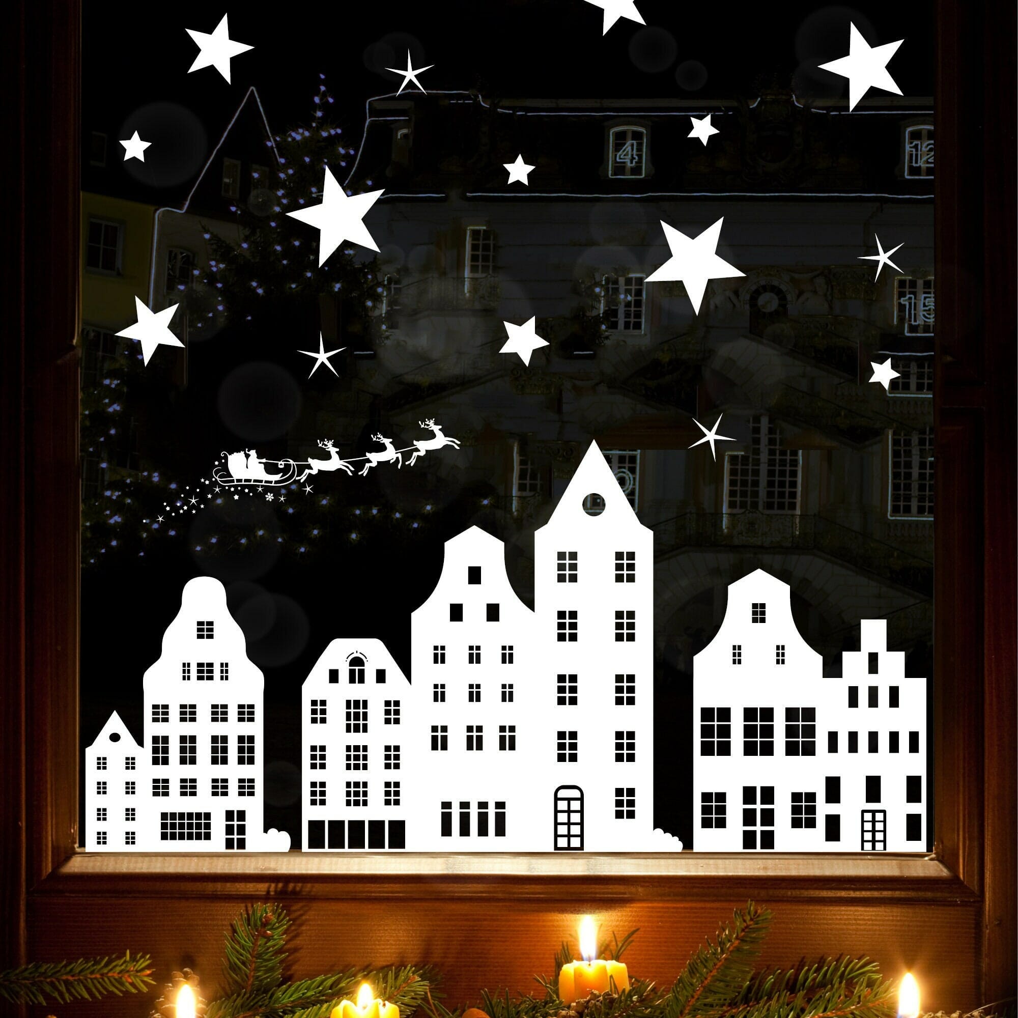 Wiederverwendbares Fensterbild Weihnachten Winterstadt Fensterdekoration Weihnachten Winter Rentierschlitten Sterne weiß