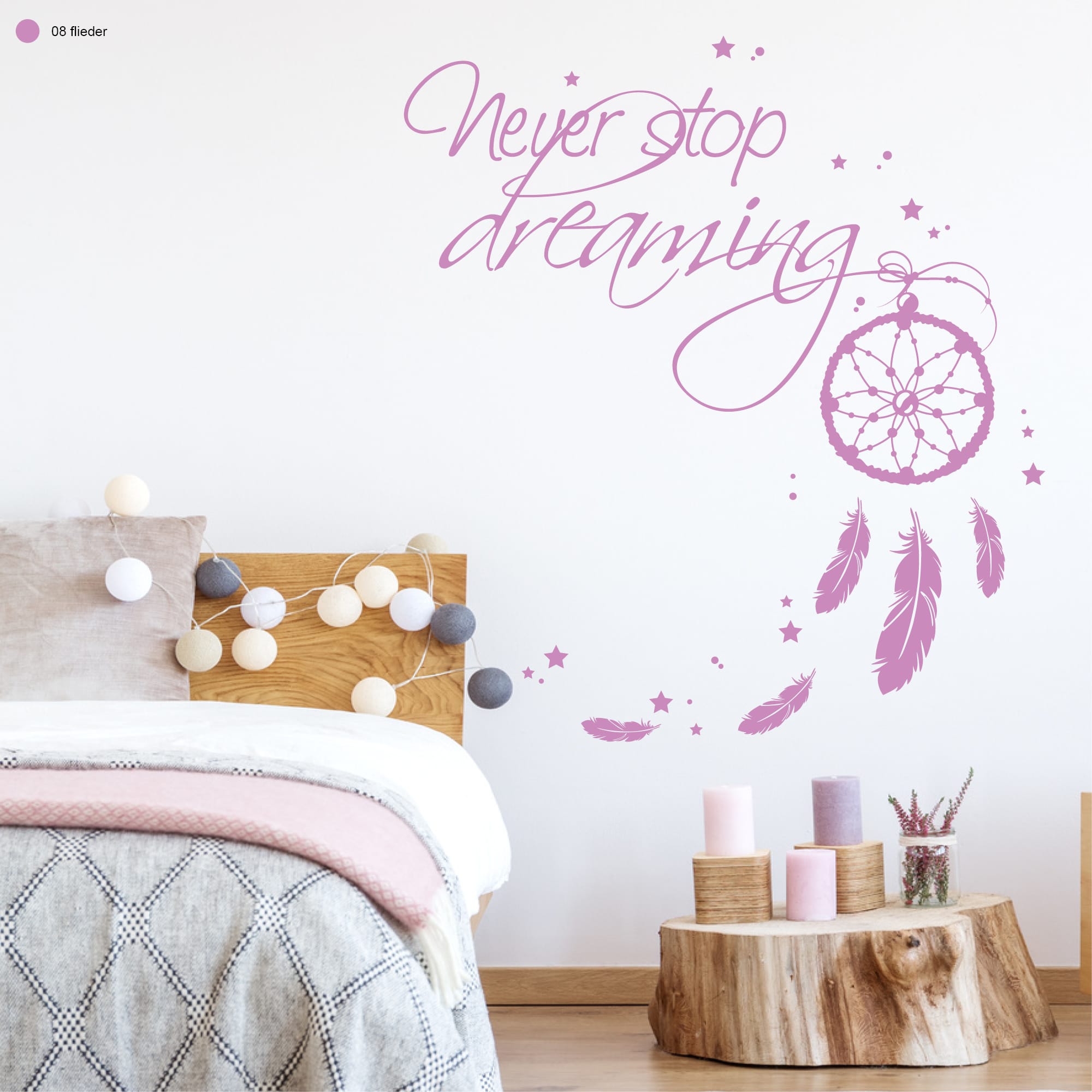 Auf dem Bild ist das Produkt: Wandtattoo Never Stop Dreaming mit Traumfänger, Sterne und Federn Wandbild Wanddeko zum Preis von €19.9 abgebildet.